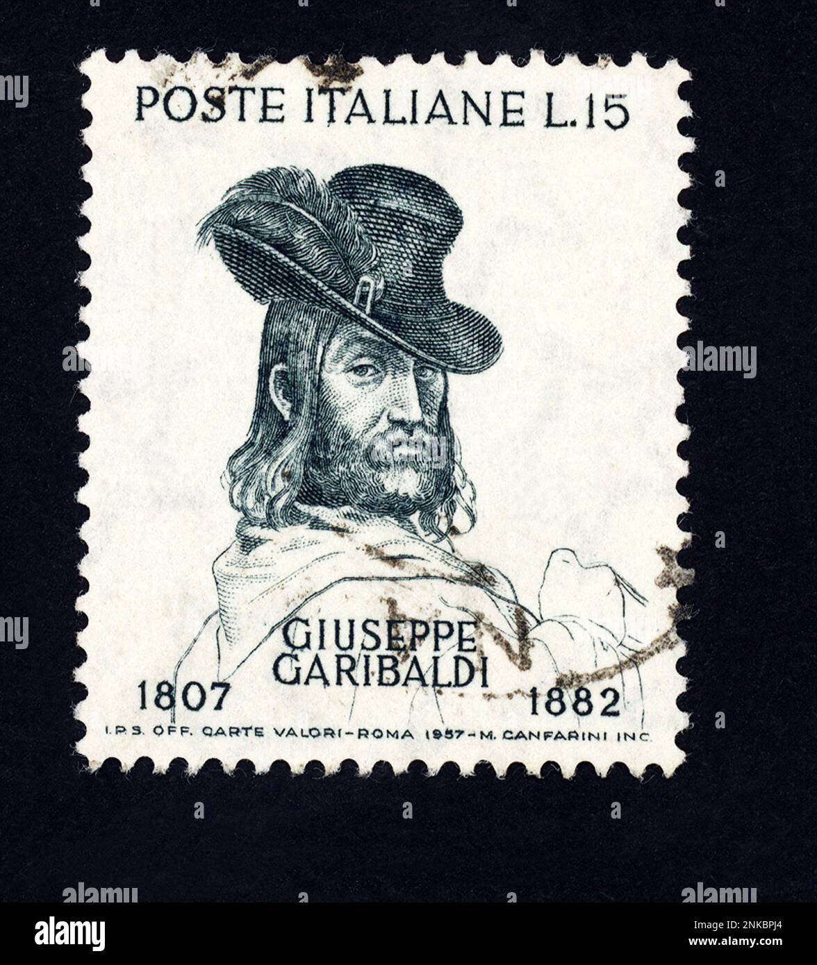 Der italienische Held GIUSEPPE GARIBALDI ( 1807 - 1882 ) . Post Stamp Timber vom italienischen Postdienst 1957 - RISORGIMENTO - francobollo commemorativo --- Archivio GBB Stockfoto