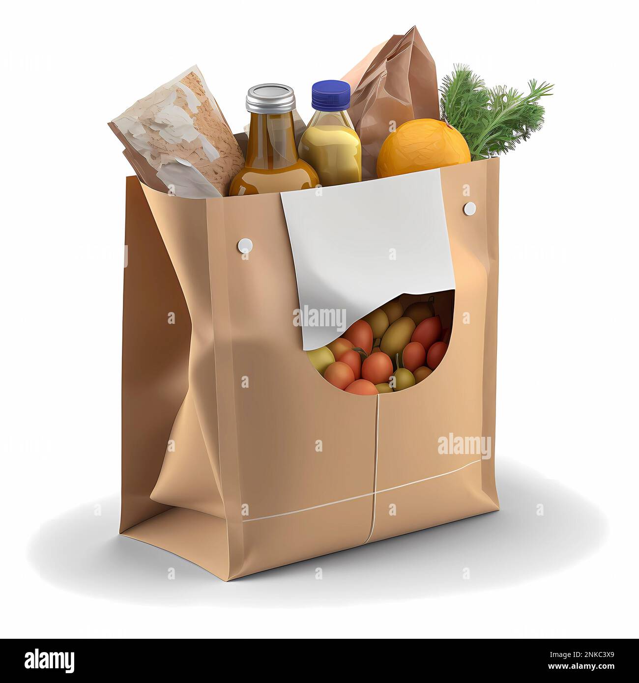 Einkaufstuete, Einkaufswagen für Lebensmittel, aus denen die Lebensmittel vor weißem Hintergrund schwellen Stockfoto