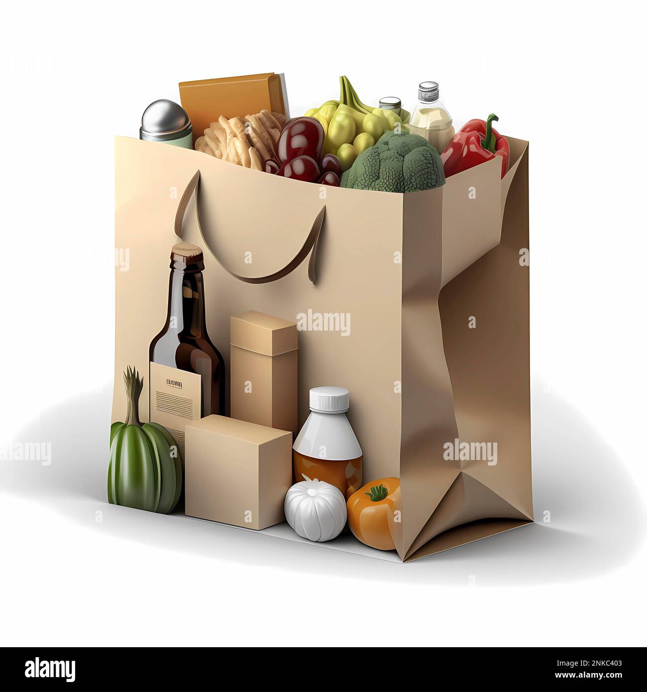 Einkaufstuete, Einkaufswagen für Lebensmittel, aus denen die Lebensmittel vor weißem Hintergrund schwellen Stockfoto