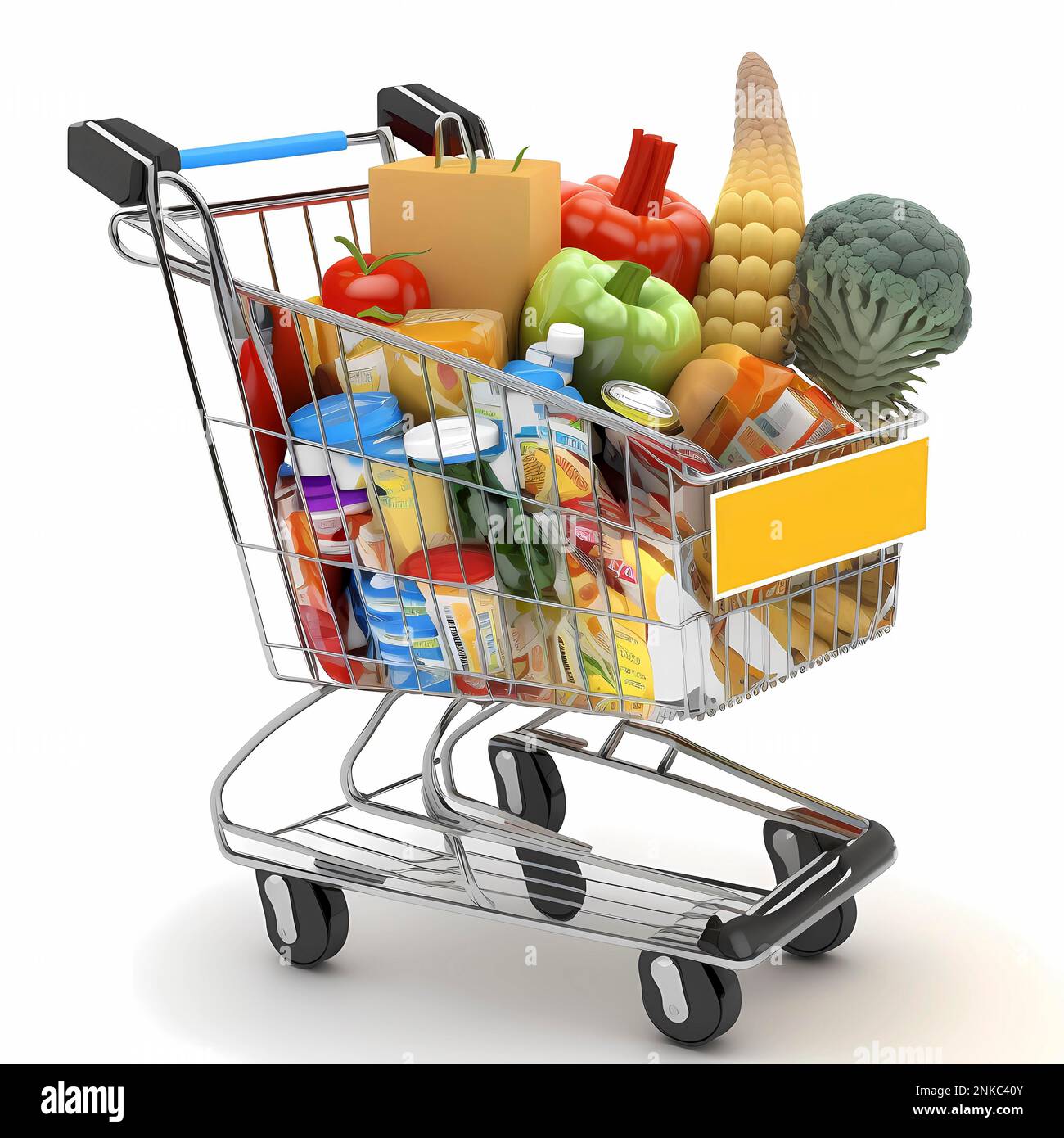 Einkaufstuete, Einkaufswagen für Lebensmittel, aus denen die Lebensmittel vor weißem Hintergrund schwellen Stockfoto