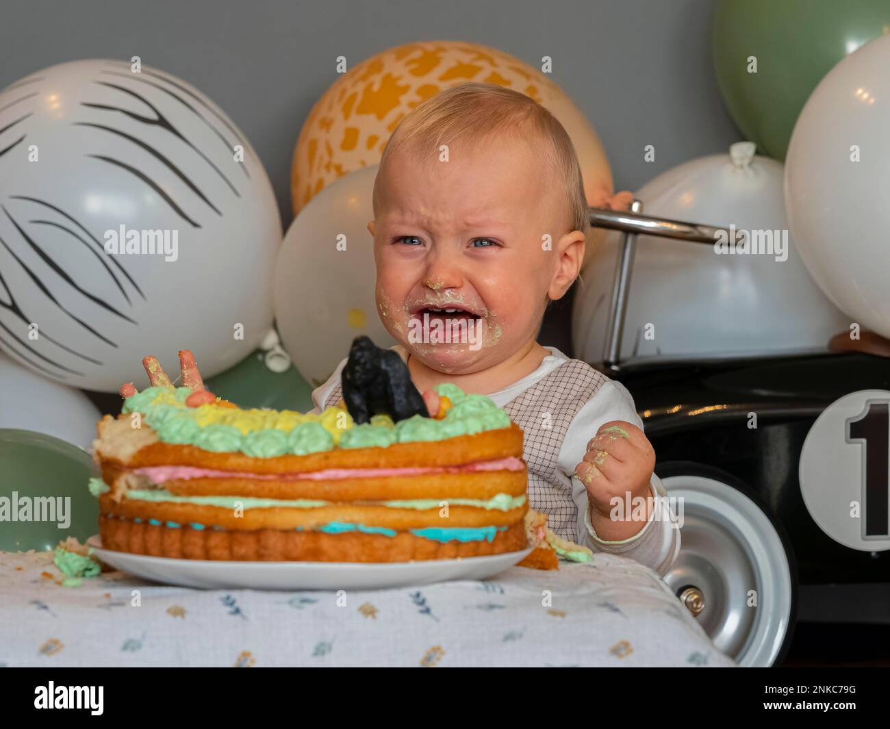 Ein einjähriger Junge sitzt an seinem ersten Geburtstag vor seinem Geburtstagskuchen und weint Stockfoto