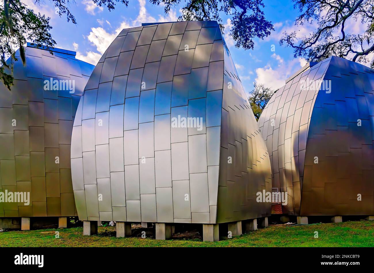 Im Ohr-O'Keefe Museum of Art, 22. Februar 2023 in Biloxi, Mississippi, werden vier Edelstahlkissen des Architekten Frank Gehry gezeigt. Stockfoto