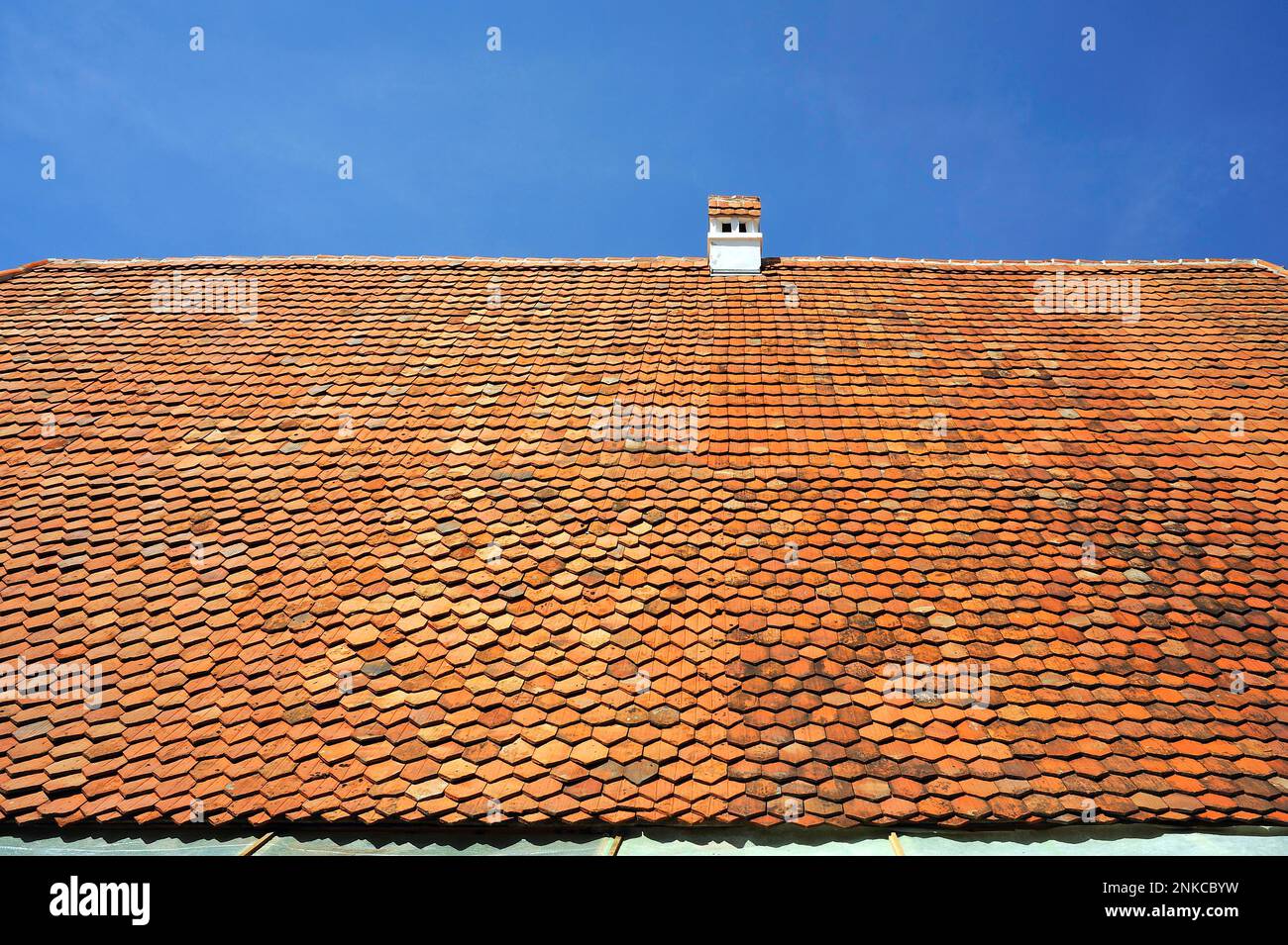 Dach mit schlichten Fliesen eines alten Bauernhauses aus dem Jahr 1695, Freilichtmuseum Bad Windsheim, Niederfrankreich, Bayern, Deutschland Stockfoto