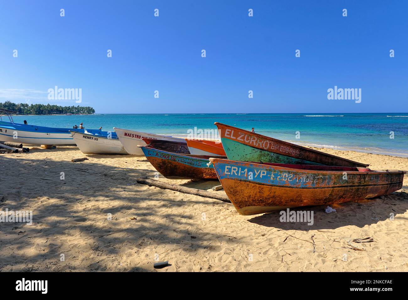 Fischerboote in Playa Las Terrenas Samana, Las Terrenas, Dominikanische Republik, Karibik, Mittelamerika Stockfoto