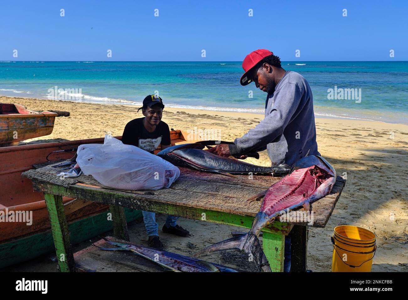 Der Fischer filetiert einen Thunfisch am Playa Las Terrenas Samana, Las Terrenas, Dominikanische Republik, Karibik, Mittelamerika Stockfoto