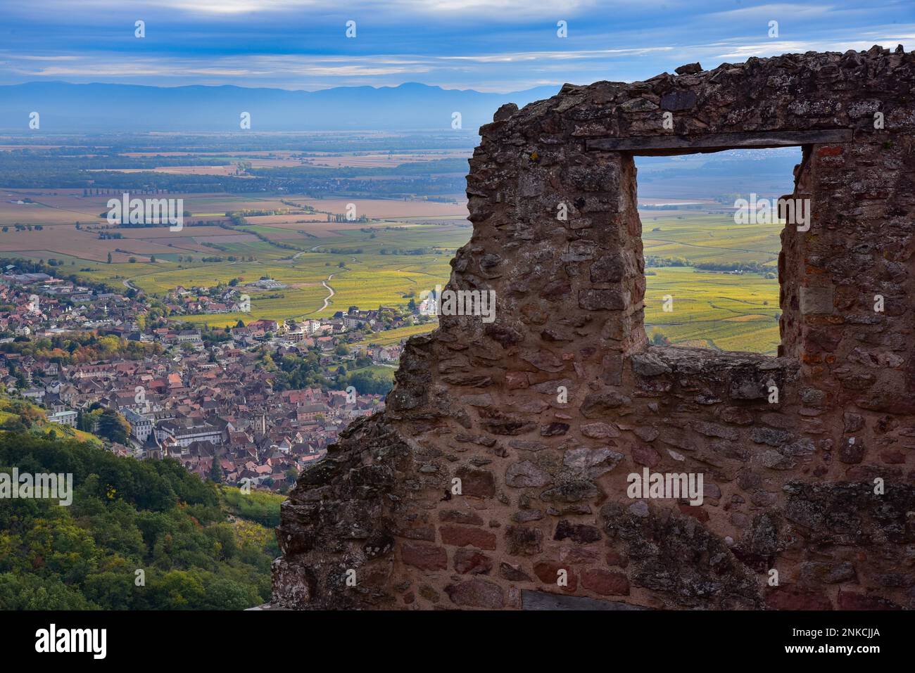 Ruine des Chateau du Girsberg (Girsberg-Schloss) in den Vogesen bei Ribeauville im Elsass, im Hintergrund die Rheinebene dazwischen Stockfoto
