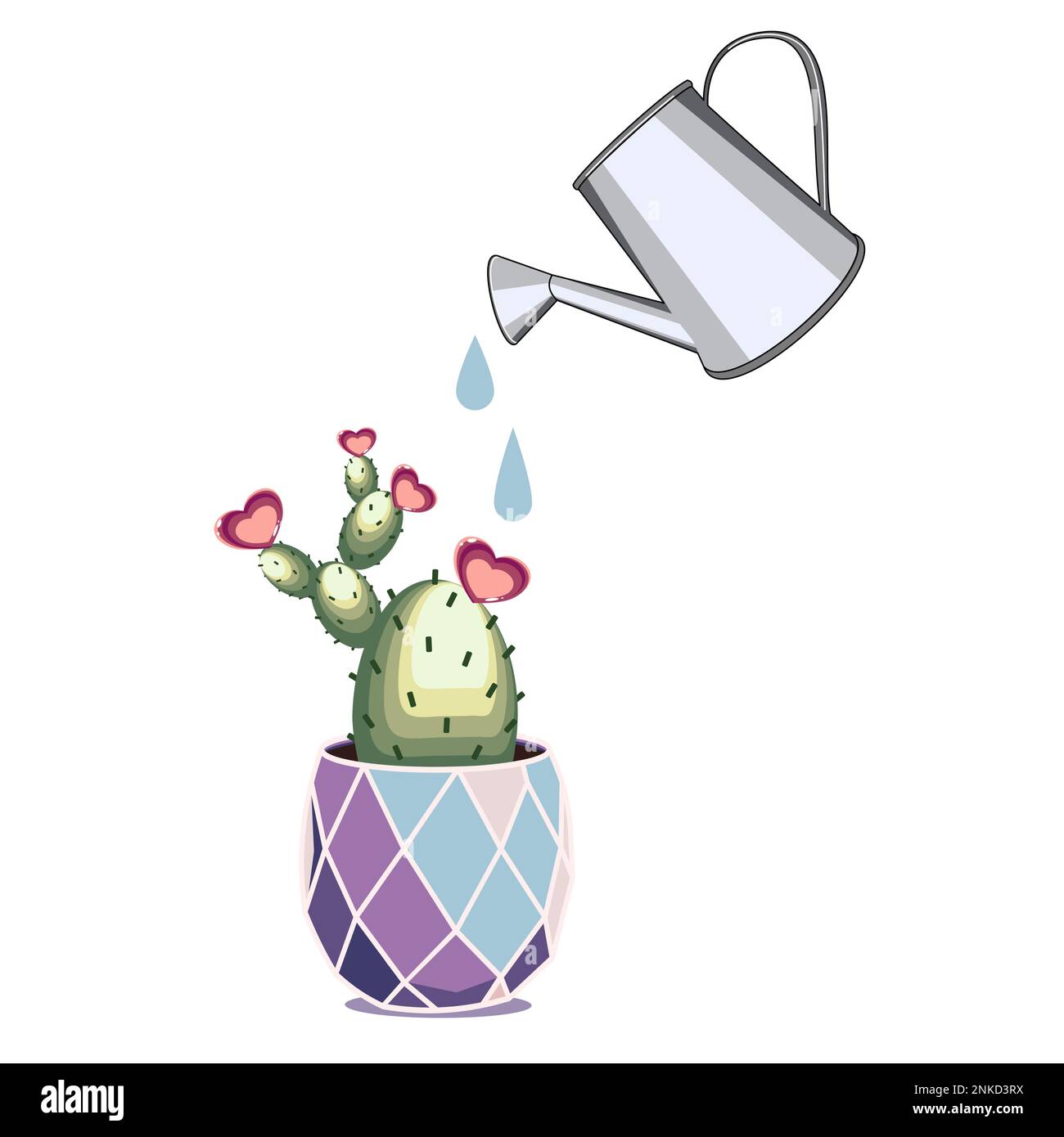 Blütenkaktus mit Herzen im Keramiktopf und Gießkanne Vektordarstellung Stock Vektor