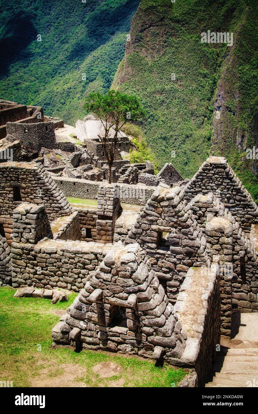 Feine Steinarbeiten an den antiken Inka-Ruinen von Machu Picchu, Peru. Stockfoto
