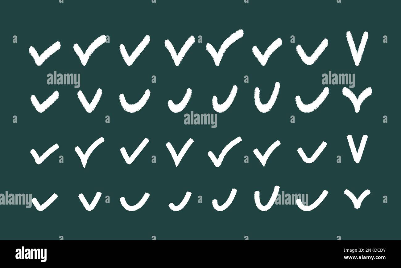 Vektorsymbole mit weißen, handgezeichneten Häkchen auf einem isolierten grünen Hintergrund. Stock Vektor