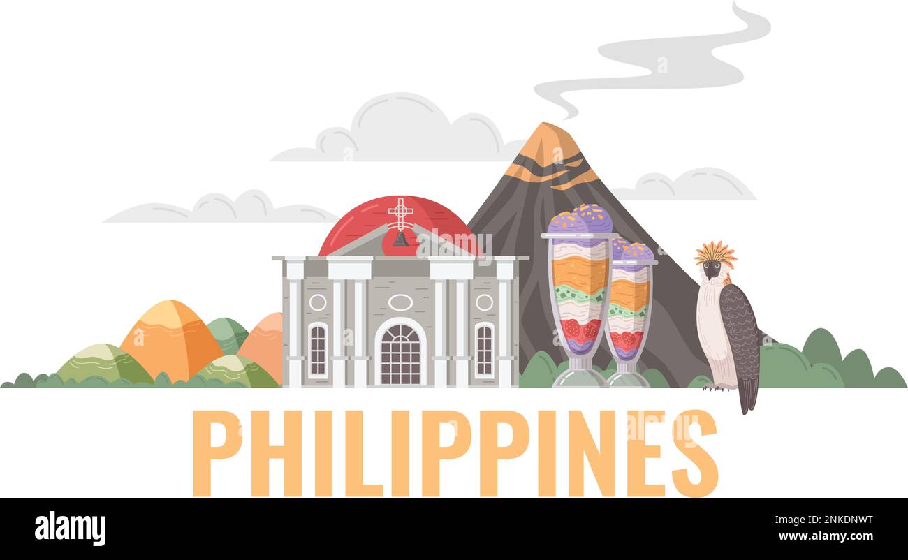Philippinische Reise-Cartoon-Konzept mit lokalen Naturattraktionen und einer Illustration der Küche Stock Vektor