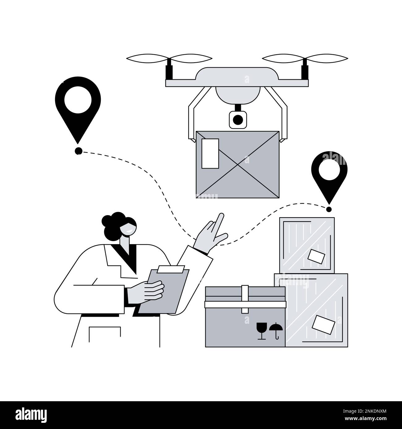 Drohnenlieferung abstrakte Konzept Vektor Illustration. Drohnen kommerzielle Lieferung, Versorgung Business-Trend, Fracht-Drohnen, autonome Warenschifffahrt, unbemannte Pakettransport abstrakte Metapher. Stock Vektor