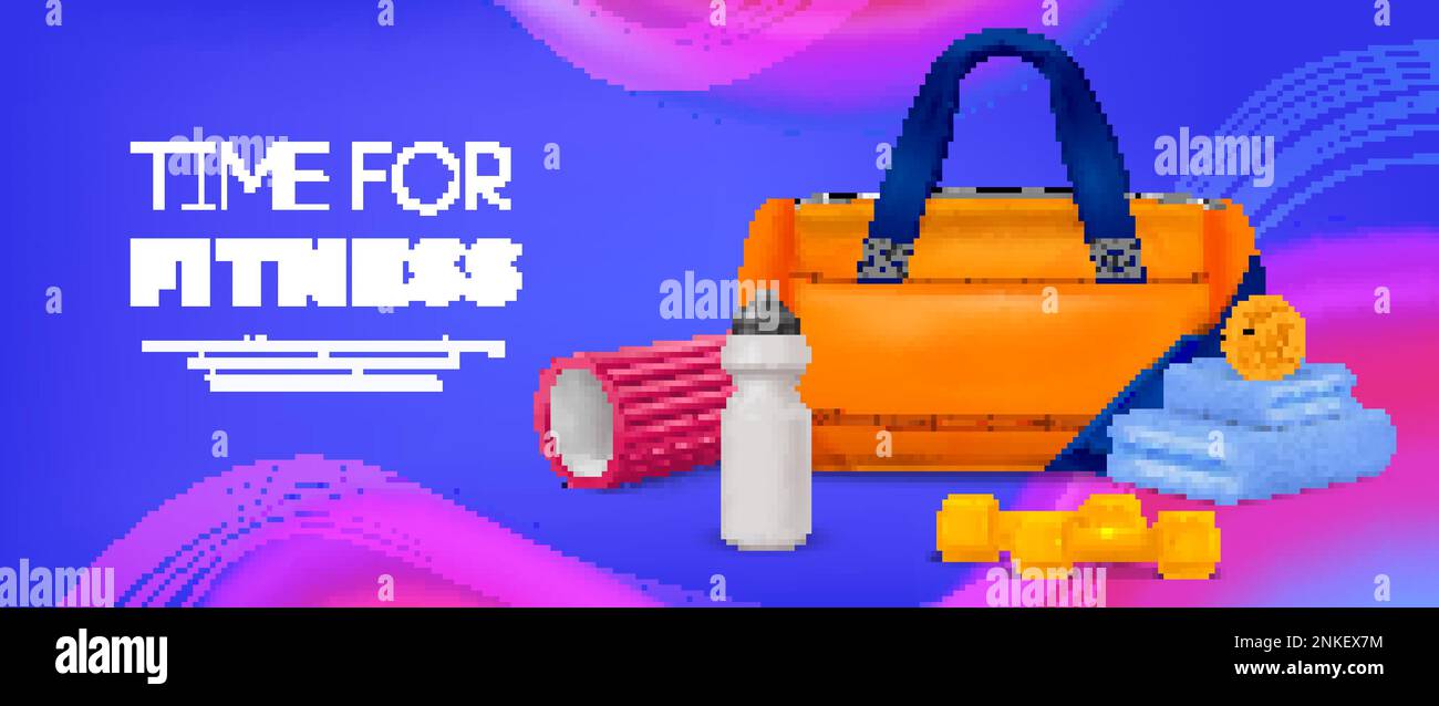 Realistische Zeit für ein horizontales Poster mit Sporttasche und verschiedenen Werkzeugen für Workouts auf einer Vektordarstellung mit hellblauem und pinkfarbenem Hintergrund Stock Vektor