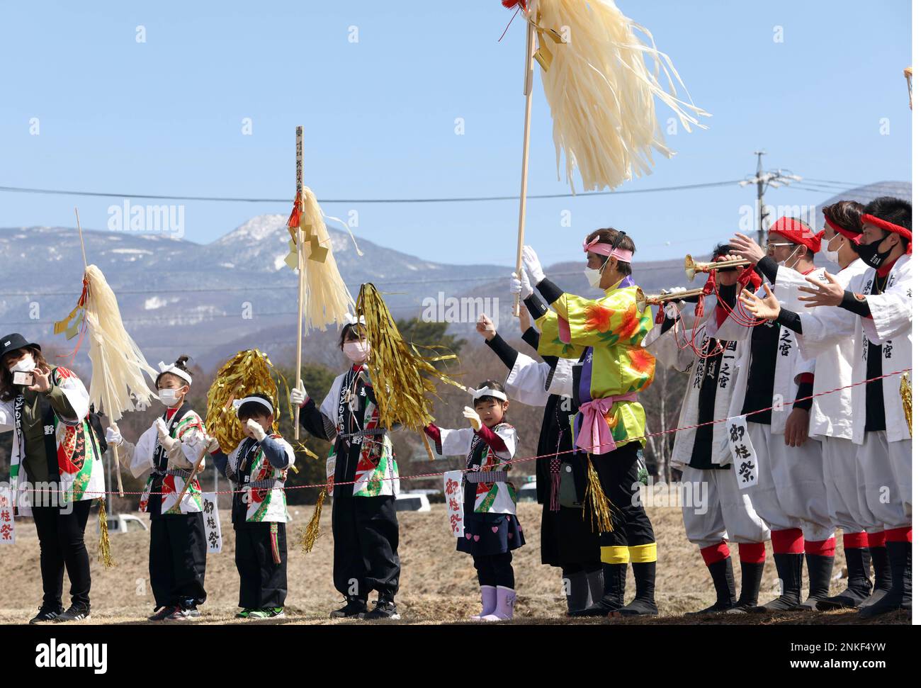 Villagers perform a Shinto ritual to purifiy huge trees for the ...