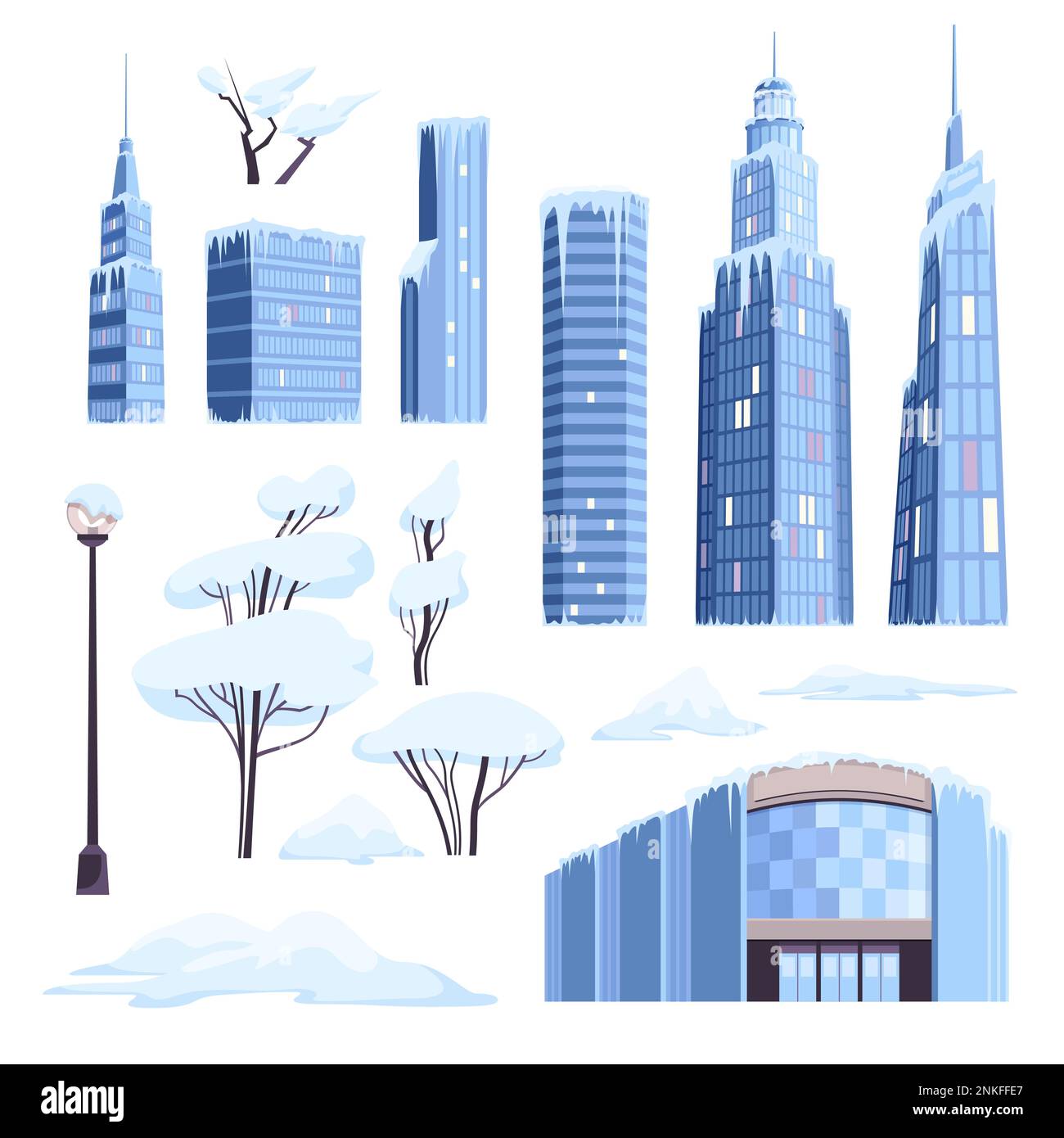 Eisschnee moderne Stadt mit isolierten Ikonen von Wolkenkratzern, Eiszapfen, verschneiten Bäumen und Lampenpfosten-Vektordarstellung Stock Vektor