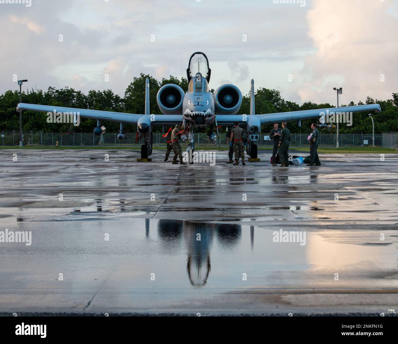 Wartungsleute des 23. Air Expeditionary Wing führen eine Nachkontrolle eines A-10 Thunderbolt II durch, während einer Übung am Luftwaffenstützpunkt Muniz, Puerto Rico, 16. Februar 2023. Diese A-10s nehmen an der Operation Forward Tiger Teil, einer Übung der Luftwaffe Süd, die die Kampfbereitschaft zusammen mit humanitärer Hilfe und Katastrophenabwehrkapazitäten mit US-Partnern und Verbündeten in der Karibik verbessern soll. (USA Air Force Foto von Tech. Sgt. Jessica H. Smith-McMahan) Stockfoto