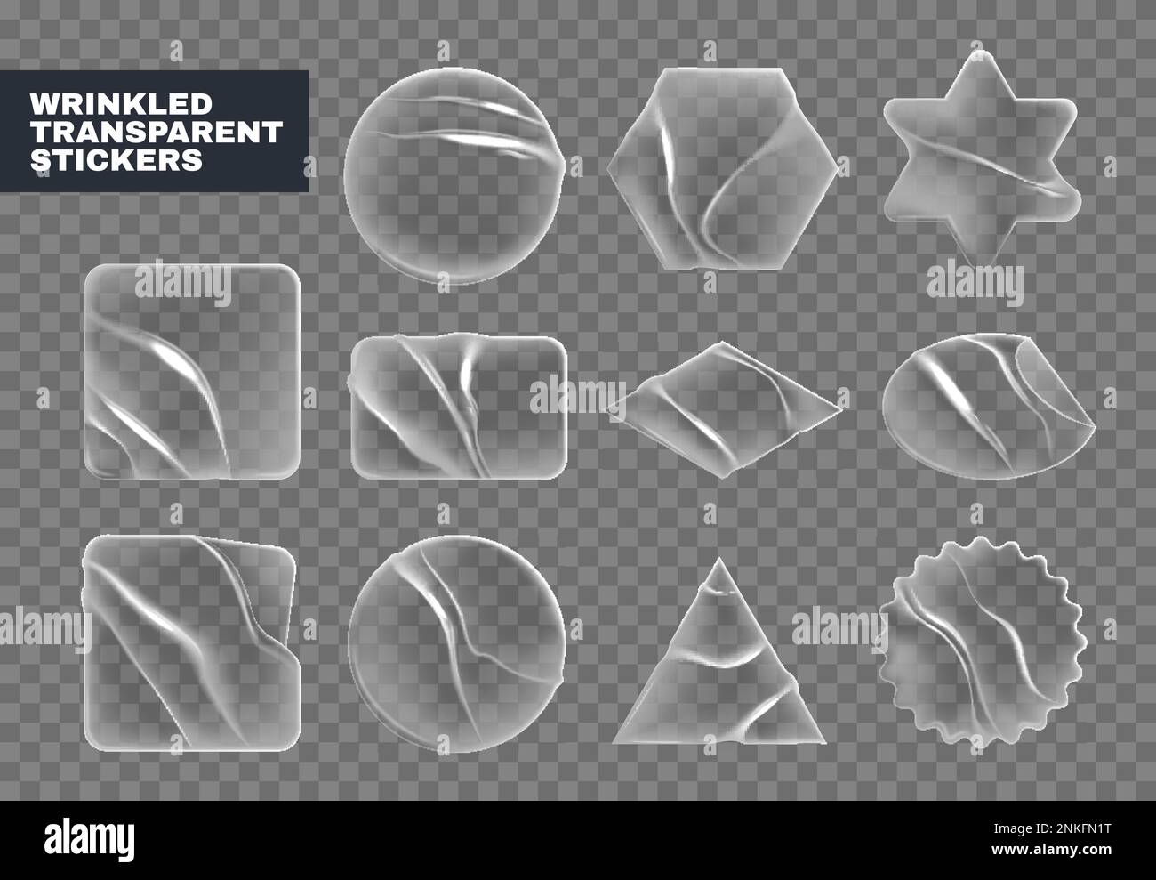 Realistische Aufkleber Etiketten Transparentes Set mit isolierten Glasrahmen mit Falten und Vektordarstellung der Oberflächenstruktur mit mattem Farbverlauf Stock Vektor