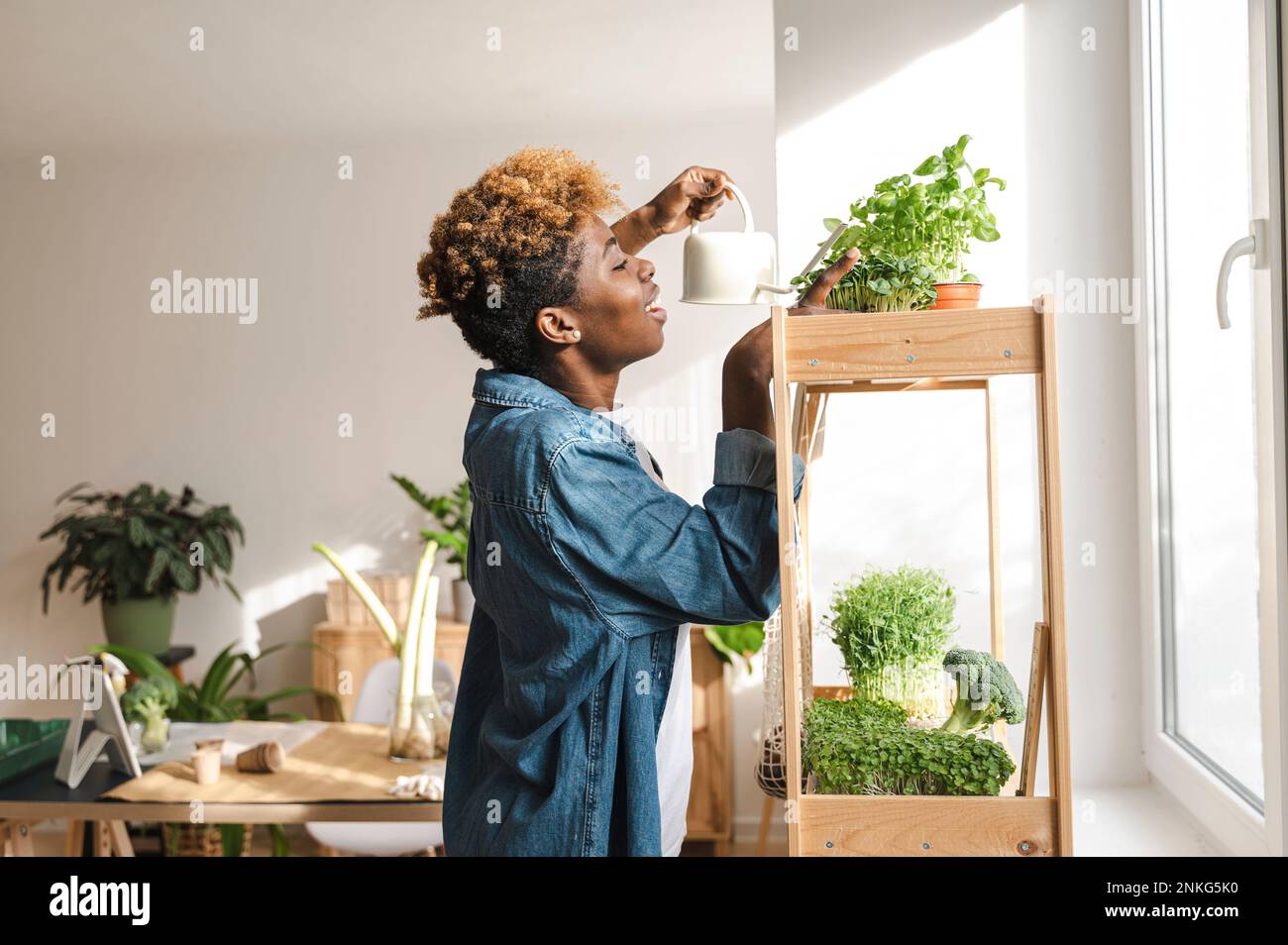 Junge Frau, die zu Hause grüne Pflanzen im Regal gießt Stockfoto