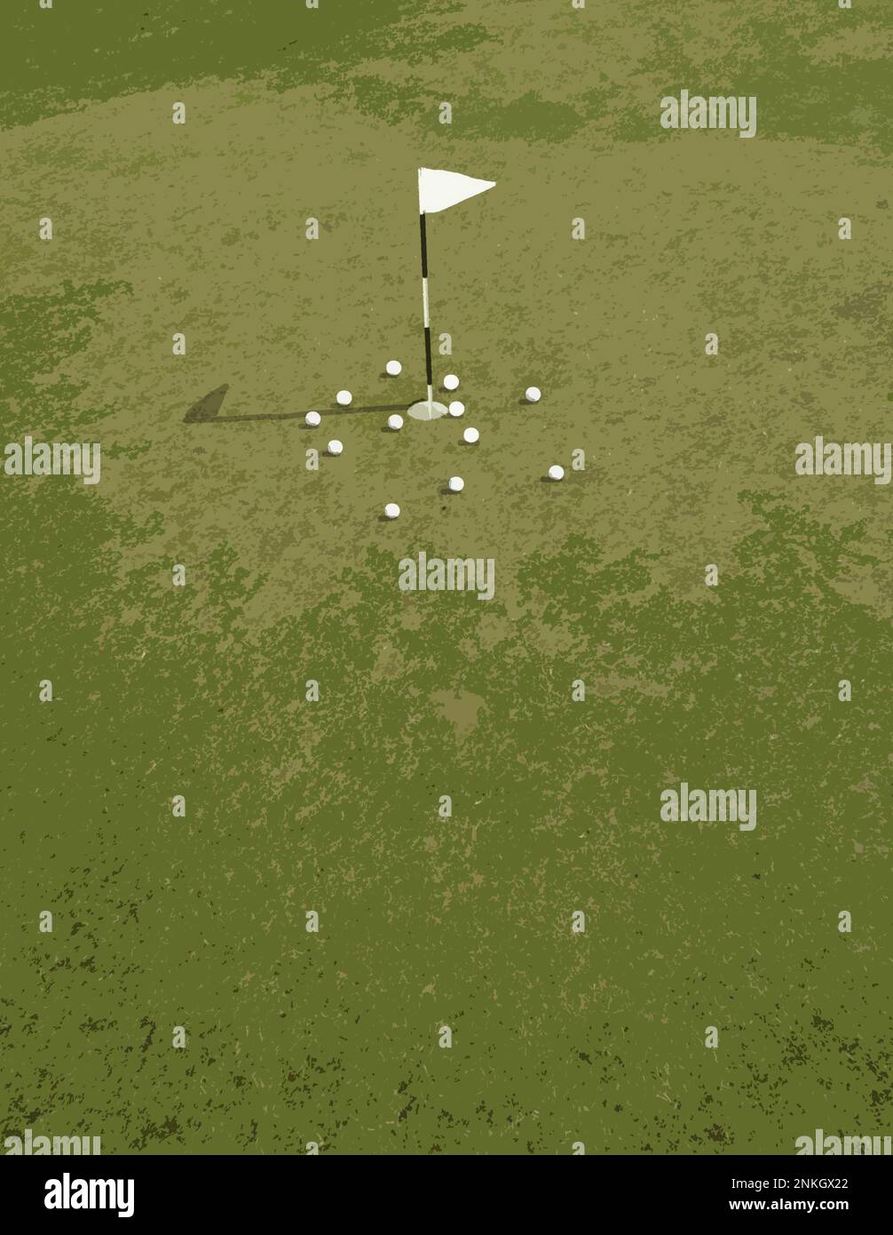 Golfflagge umgeben von Golfbällen, die Fehlschläge darstellen Stockfoto