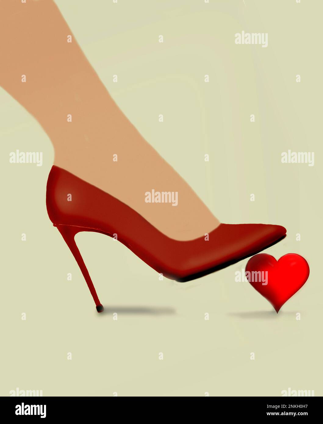 Der Fuß einer Frau, die rote Absätze trägt und auf das Herz stampft Stockfoto