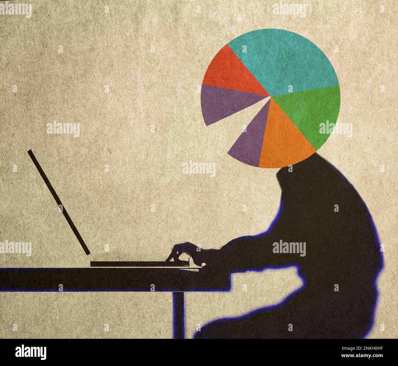 Abbildung: Person mit Tortendiagramm, anstatt mit dem Kopf am Laptop zu arbeiten Stockfoto