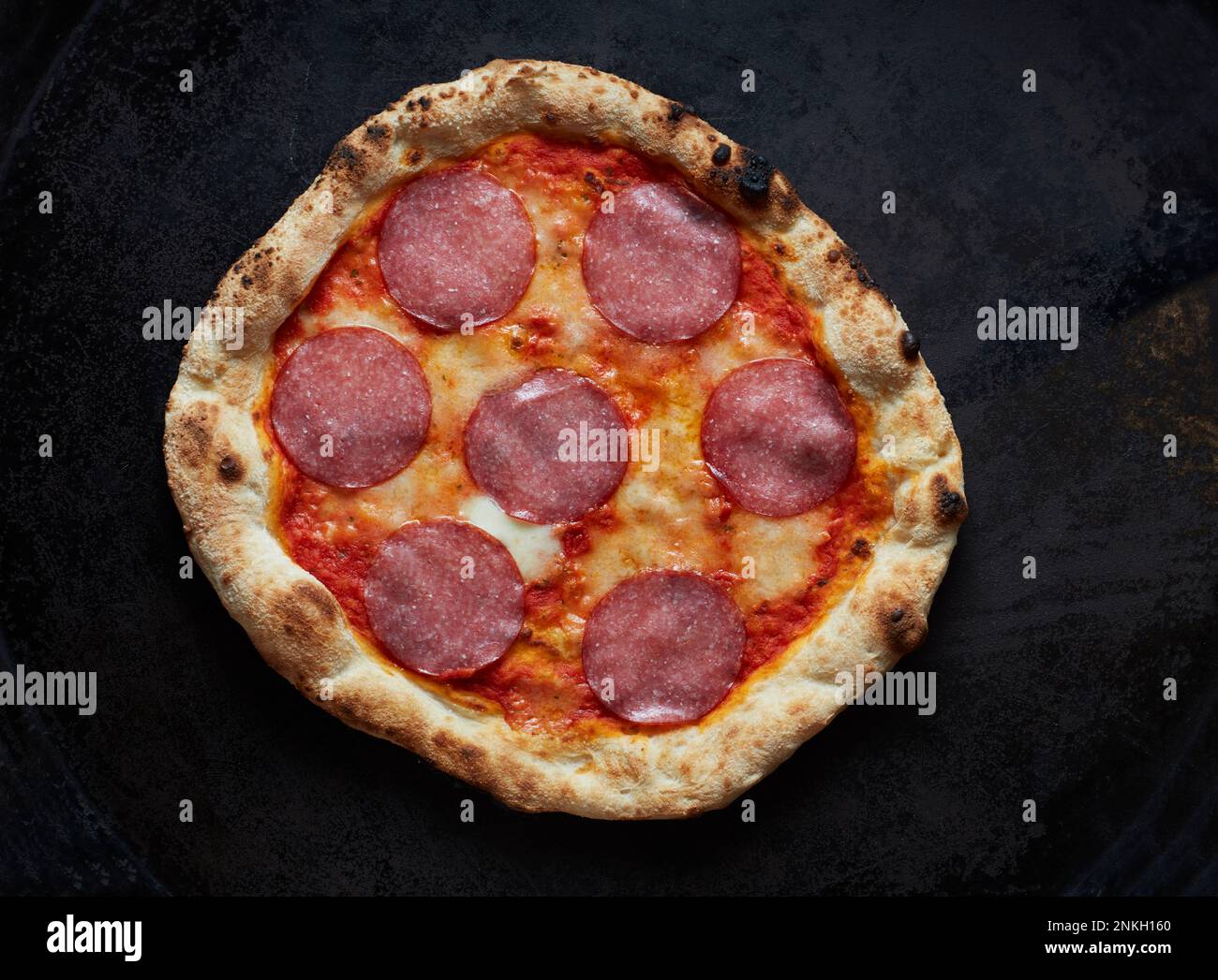Studiofoto mit frischer Salami-Pizza Stockfoto
