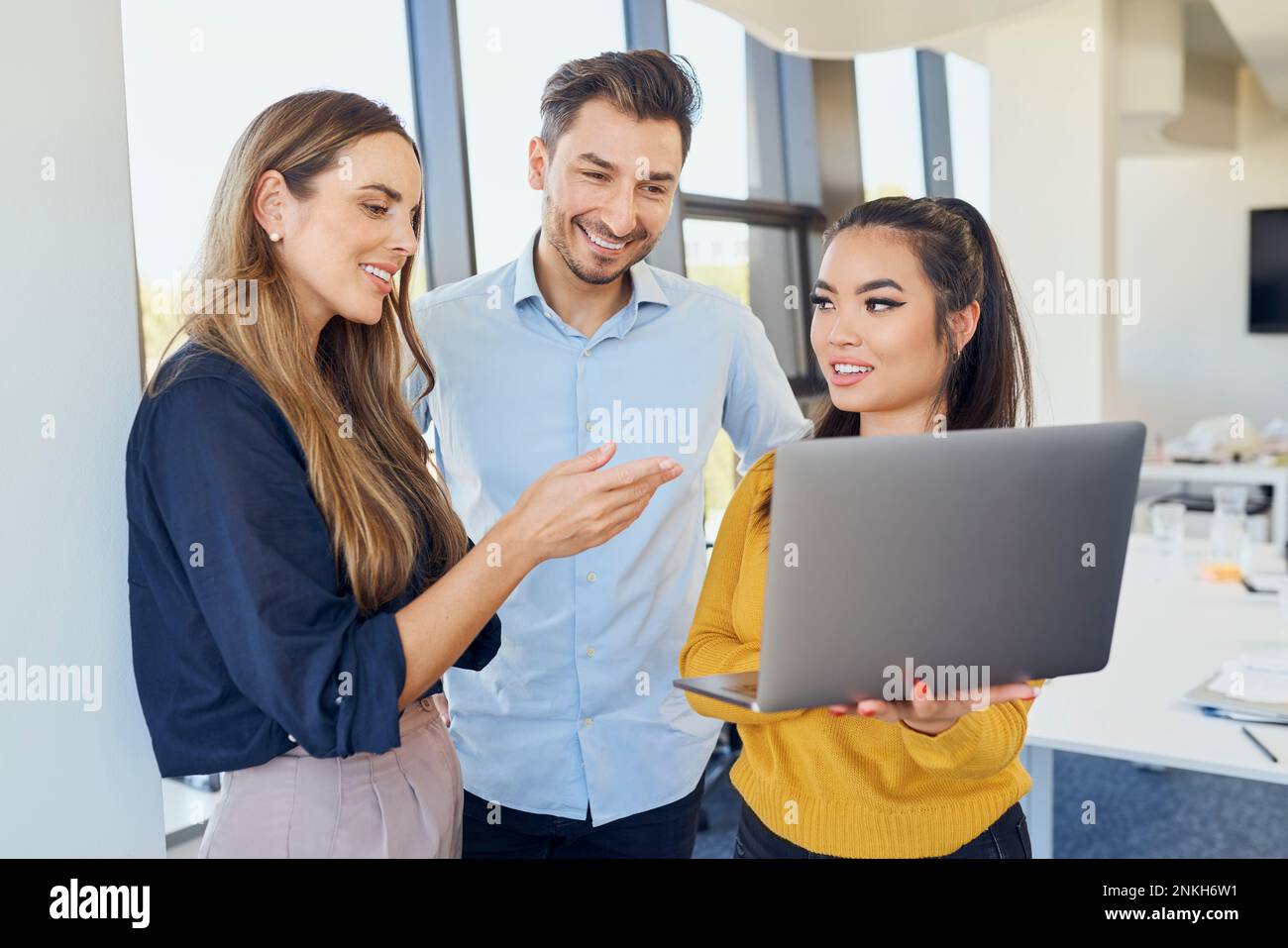 Geschäftsfrau, die Kollegen am Arbeitsplatz über ein Notebook erklärt Stockfoto