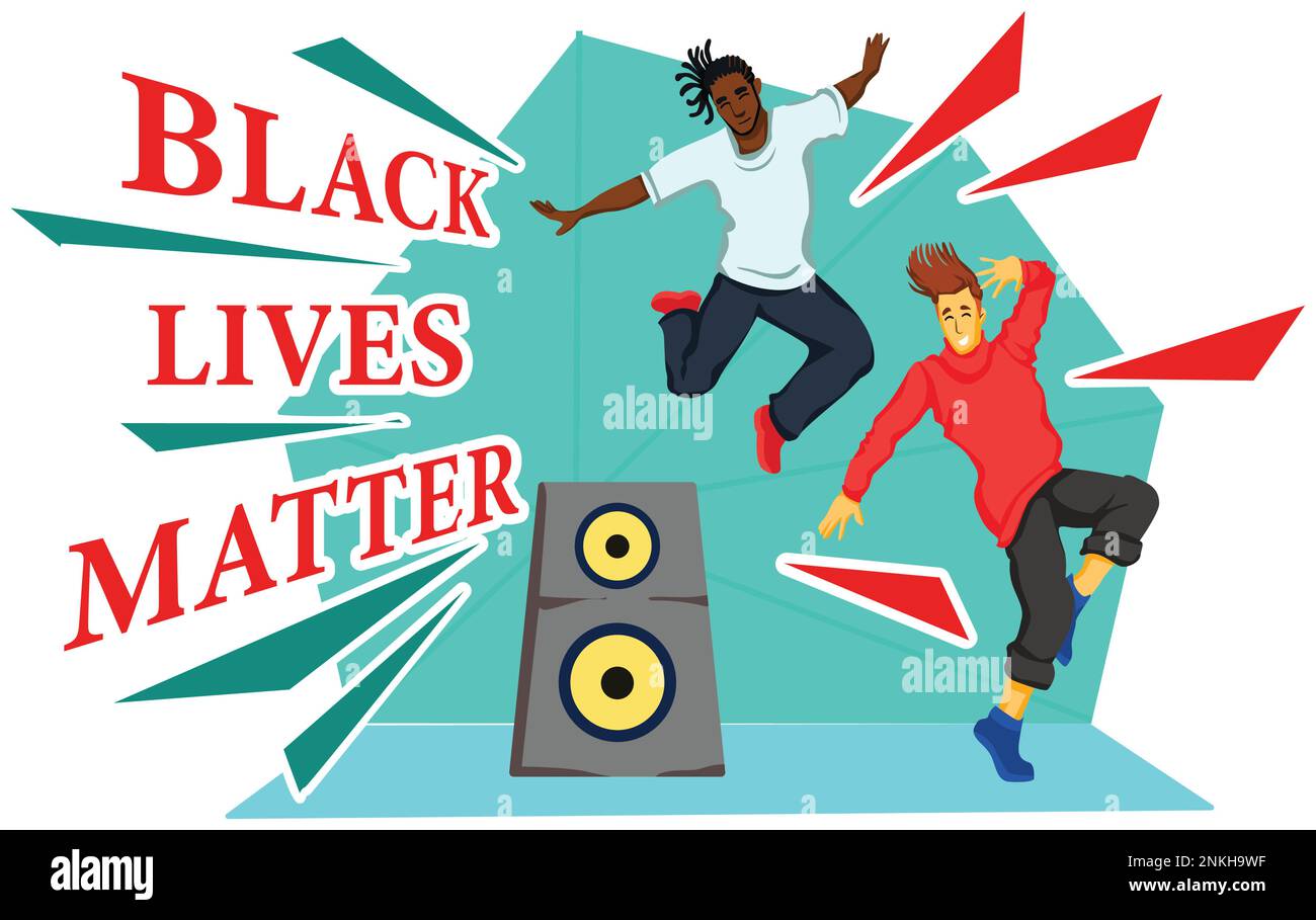 Black Lives Matter, BLM, kein Rassismus, Statement. Junge Afroamerikaner: Mann und Frau gegen Rassismus. Schwarze Bürger kämpfen für Gleichheit. Stock Vektor