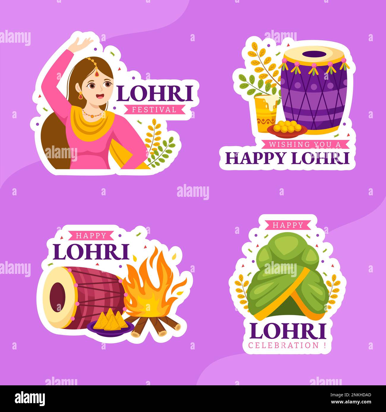 Happy Lohri Festival Label Flat Cartoon Handgezeichnete Vorlagen Hintergrunddarstellung Stock Vektor