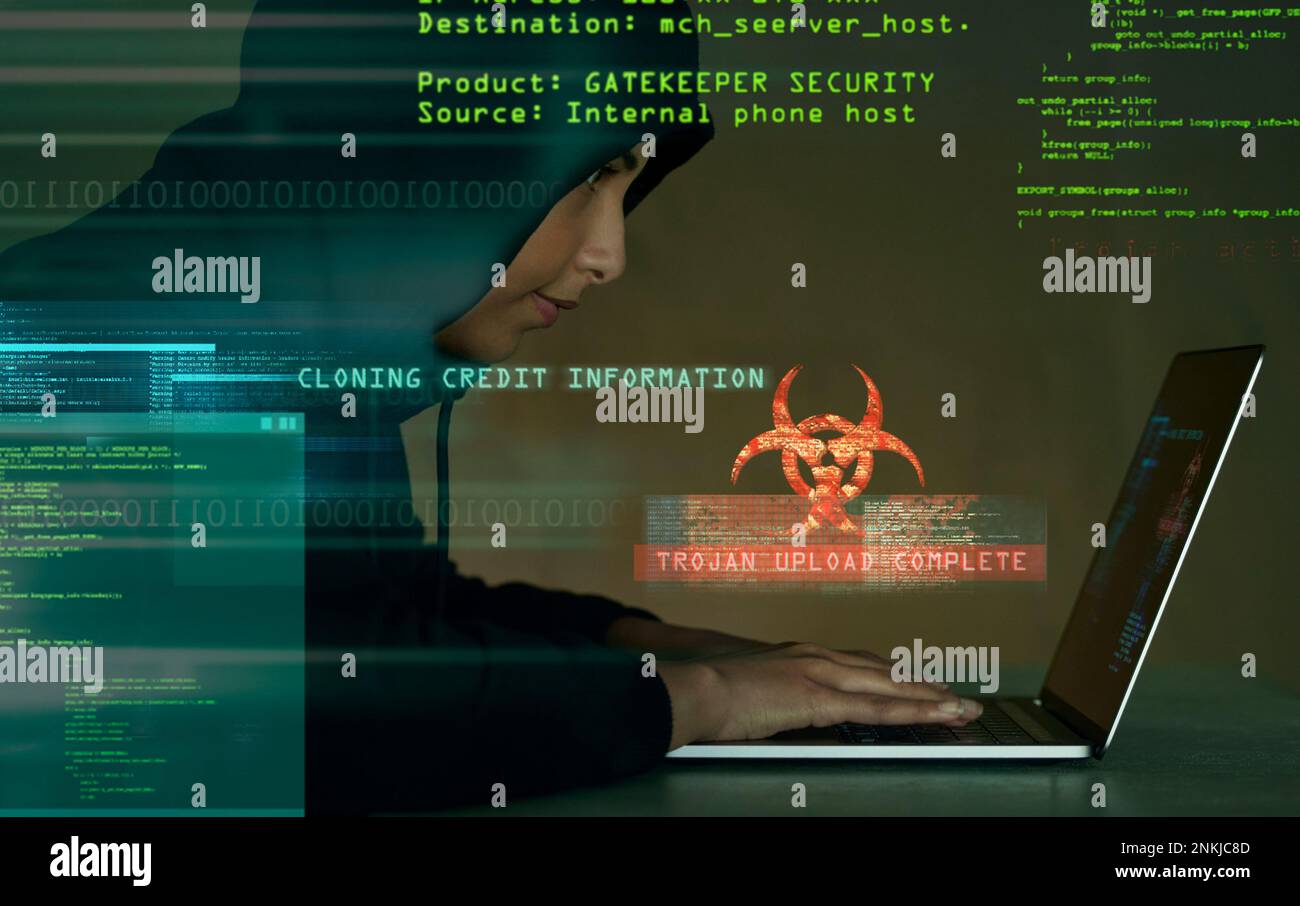 Hack, Cybersicherheit und weibliche Hacker mit Laptop-Codierung auf der Website für kryptografische Daten. Betrug, Cyberangriffe und Frau, die Betrug oder Hacking im Internet betreibt Stockfoto
