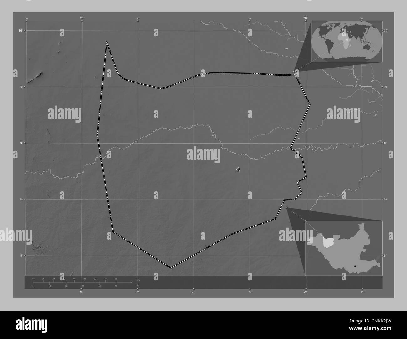 Im Norden von Bahr-el-Ghazal, Bundesstaat Südsudan. Grauskala-Höhenkarte mit Seen und Flüssen. Standorte der wichtigsten Städte der Region. Ecke zusatzgeräte Stockfoto