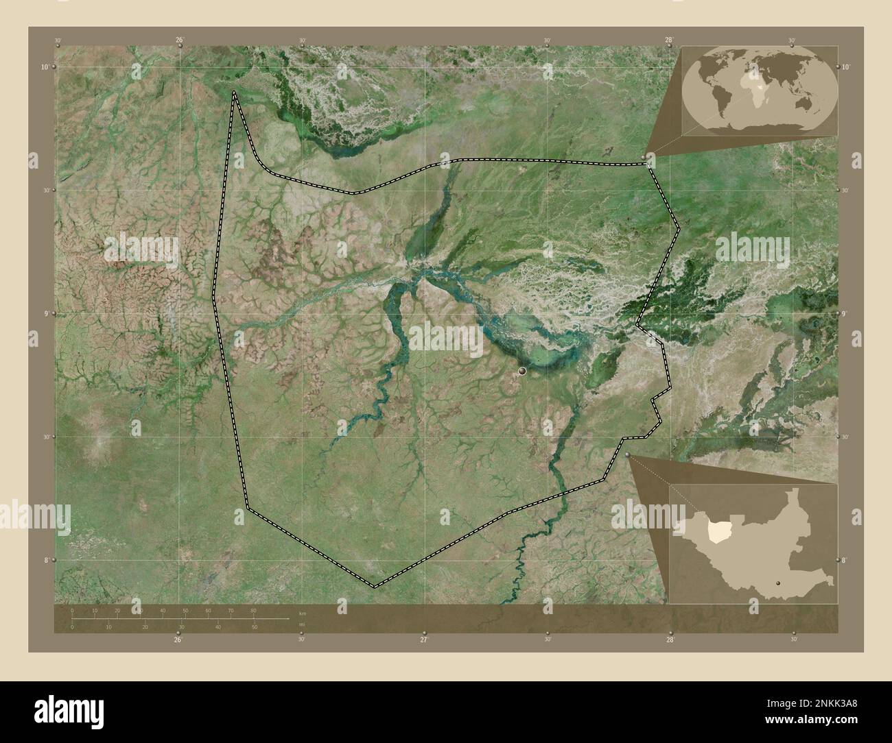 Im Norden von Bahr-el-Ghazal, Bundesstaat Südsudan. Hochauflösende Satellitenkarte. Standorte der wichtigsten Städte der Region. Eckkarten für zusätzliche Standorte Stockfoto