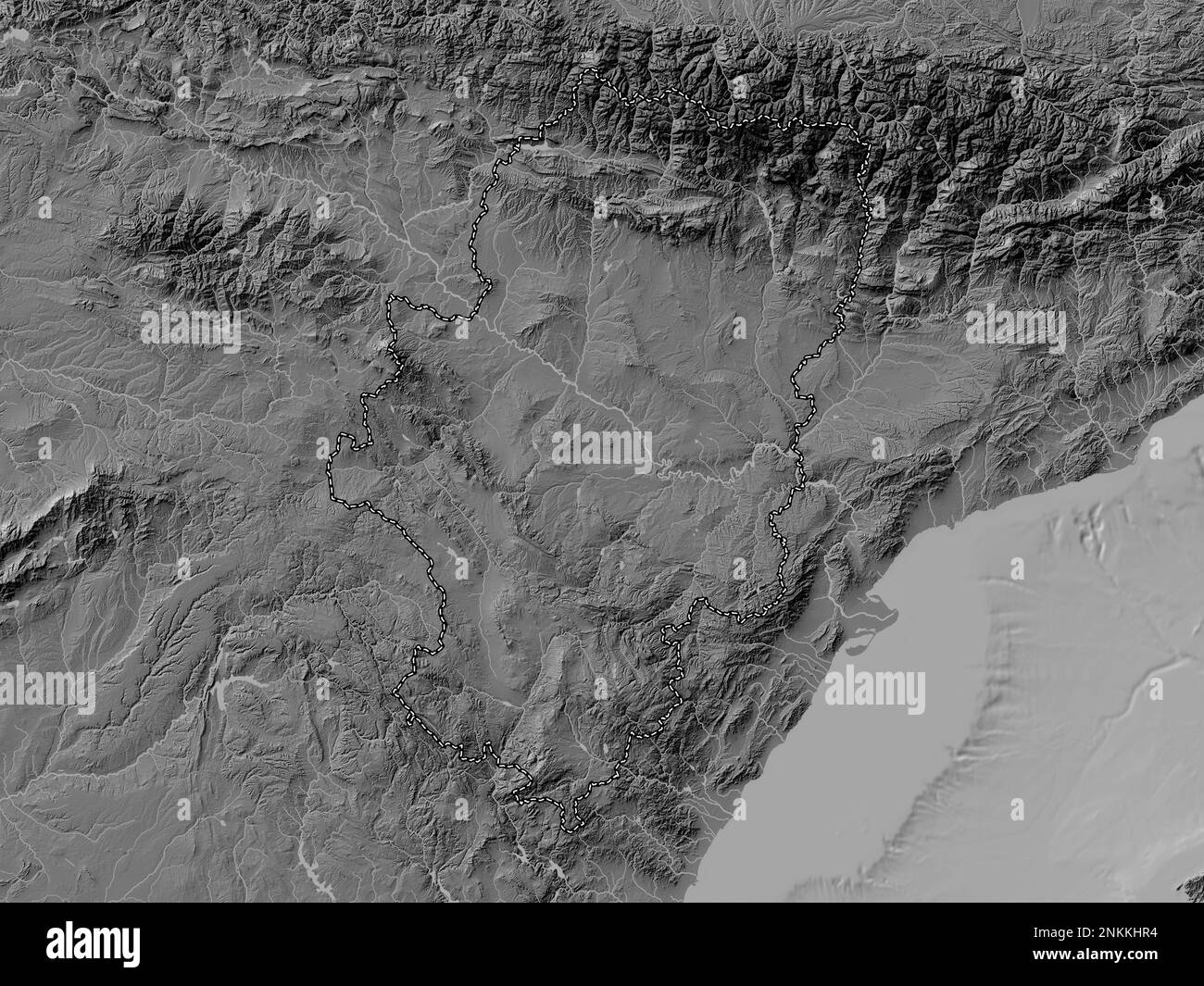 Aragon, autonome Gemeinschaft Spaniens. Bilevel-Höhenkarte mit Seen und Flüssen Stockfoto