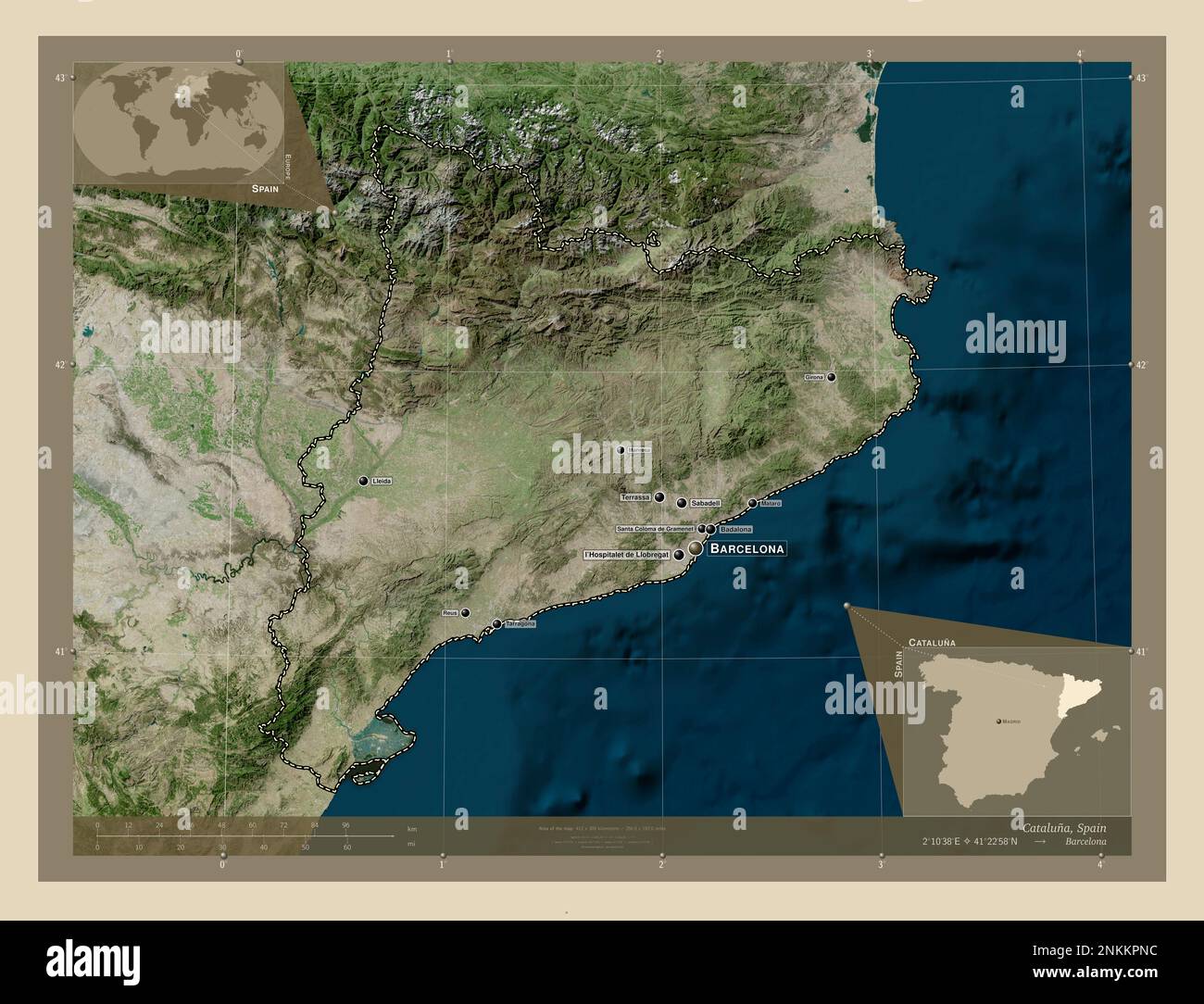 Katalonien, autonome Gemeinschaft Spaniens. Hochauflösende Satellitenkarte. Standorte und Namen der wichtigsten Städte der Region. Ecke Zusatzgerät m Stockfoto