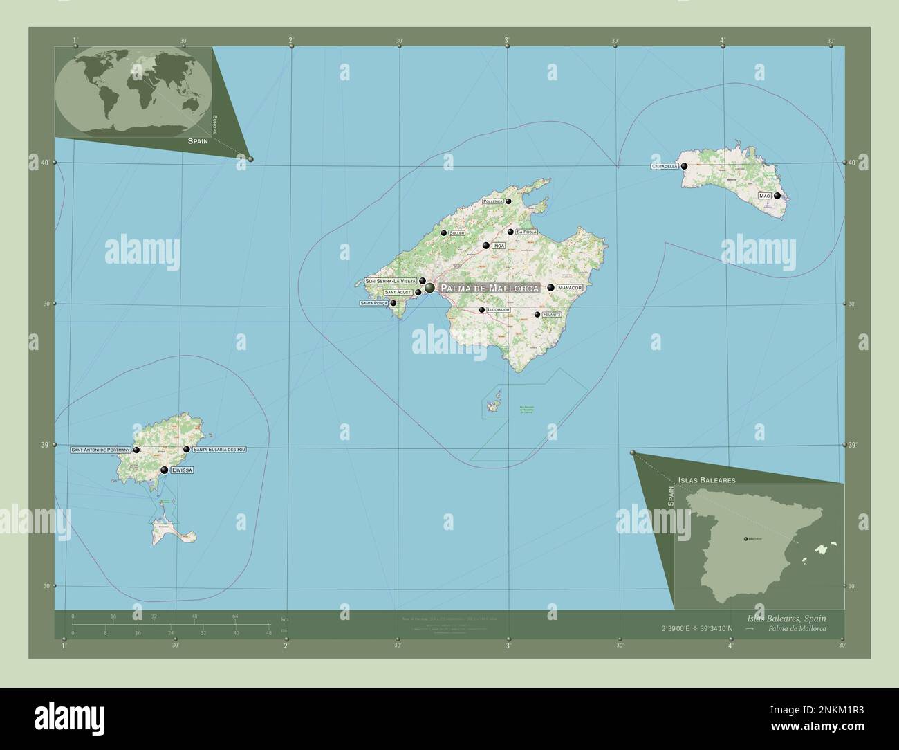 Islas Baleares, autonome Gemeinschaft Spaniens. Straßenkarte Öffnen. Standorte und Namen der wichtigsten Städte der Region. Eckkarten für zusätzliche Standorte Stockfoto