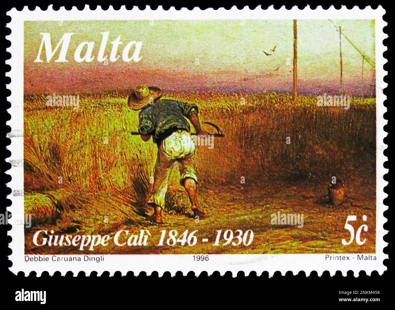 MOSKAU, RUSSLAND - 15. FEBRUAR 2023: Auf Malta aufgedruckte Briefmarken zeigen „Erntezeit“, 150. Geburtstag der Giuseppe Cali-Serie (1846-1930), c Stockfoto