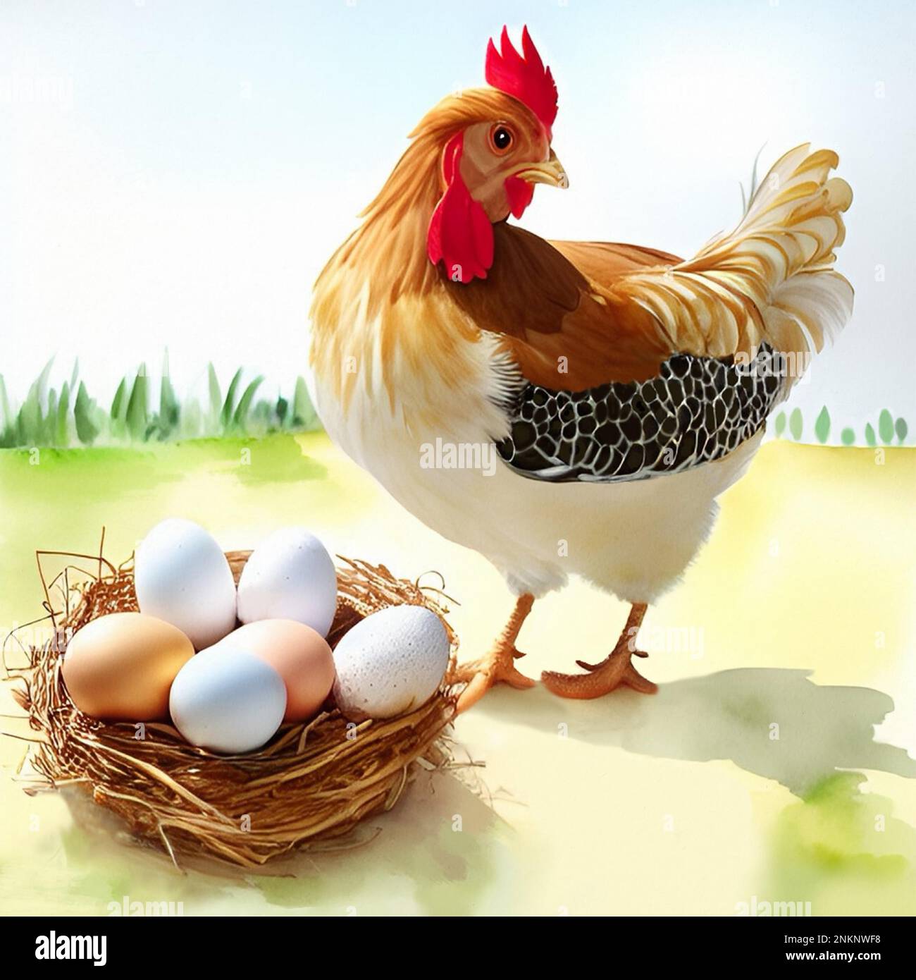 Hühnchen mit einem Nest voller Eier, wie Aquarell mit Papiertextur. Stock Vektor