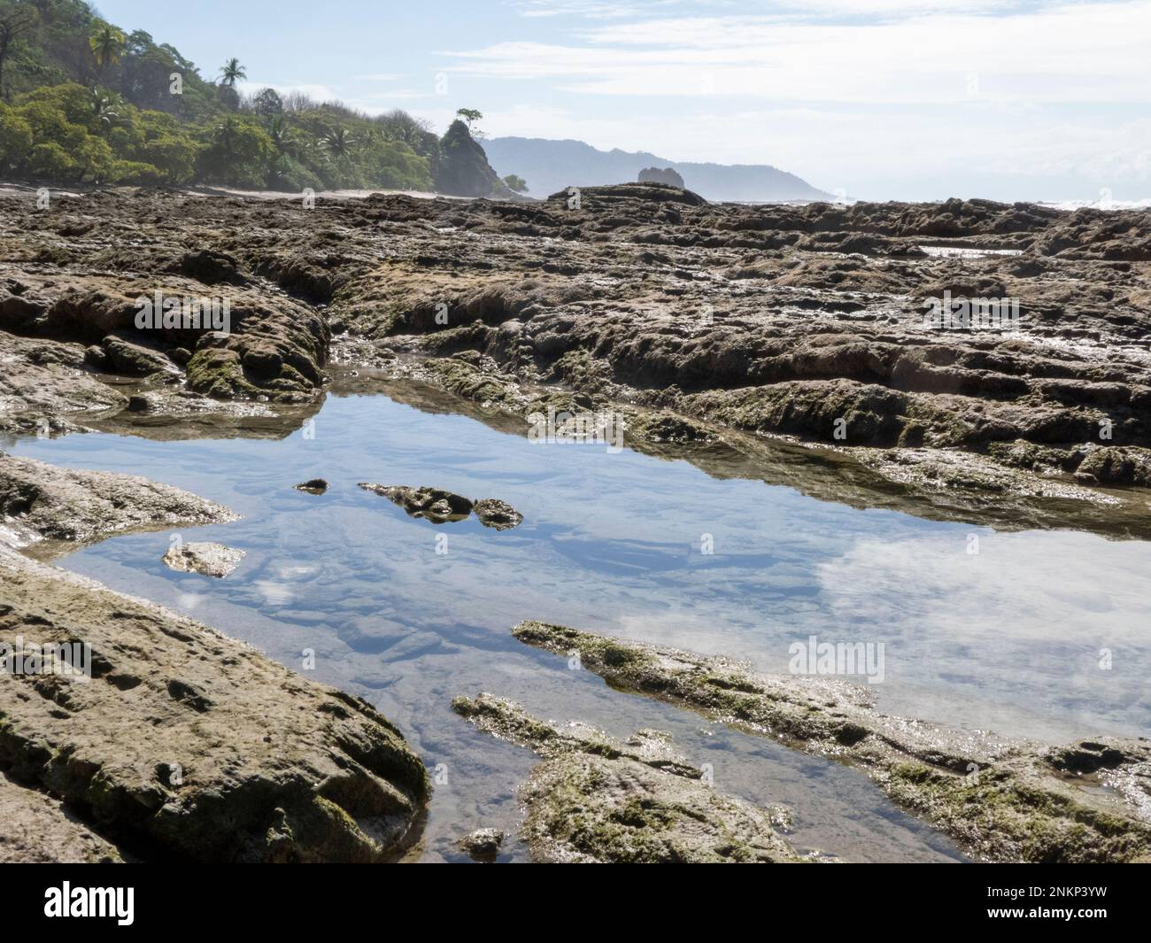 Felsen und Felsenpools voller Wasser am Strand in Playa Hermosa in Costa Rica Stockfoto