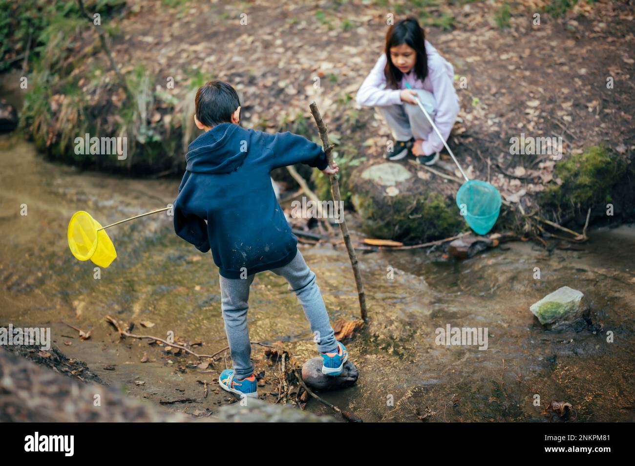 Person im Wald. Zwei asiatische Kinder fischen mit einem Netz, um die Natur zu entdecken. Asiatischer Junge und Mädchen, die im Frühling an einem Fluss spielen. Stockfoto