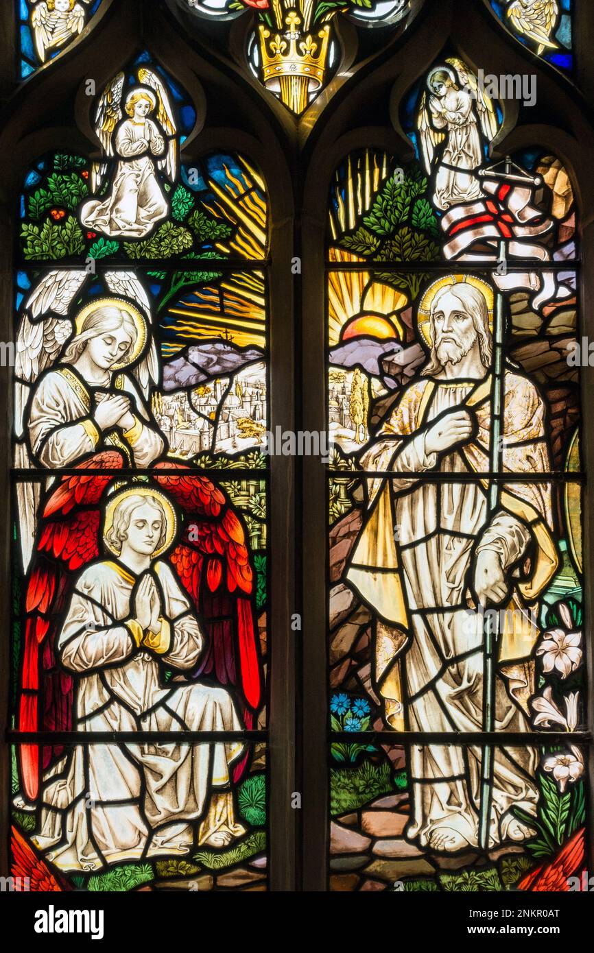 Buntglasfenster, die die Auferstehung von Jesus Christus zeigen, St. Marys Church, Burrough on the Hill, Leicestershire, England, Großbritannien Stockfoto