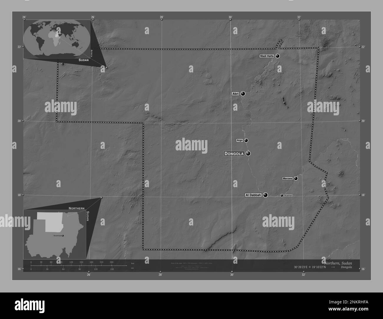 Nord, Staat Sudan. Bilevel-Höhenkarte mit Seen und Flüssen. Standorte und Namen der wichtigsten Städte der Region. Lage der Zusatzgeräte an der Ecke ma Stockfoto