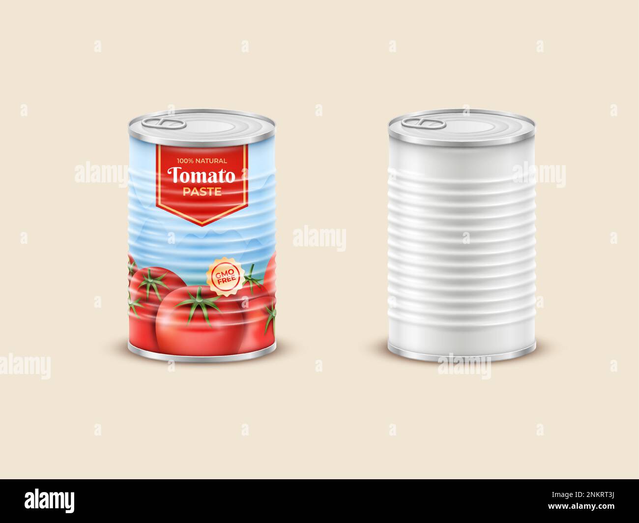 Tomatenpaste-Verpackung. Soße für 3D Picknick-Etikett. Blechmodell. Naturkost aus rotem Gemüse. Merchandise-Artikel anzeigen. Ketchup-Paketvorlage. Lebensmittelhersteller Stock Vektor