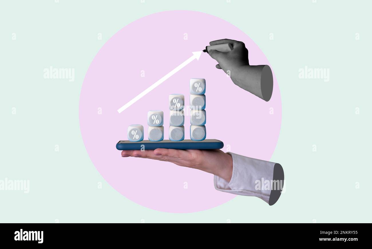 Kunstcollage, Investition und Telefon. Erfolgreicher Karrierestart. Rentable Investition, Geschäftskonzept. Kunstcollage. Stockfoto