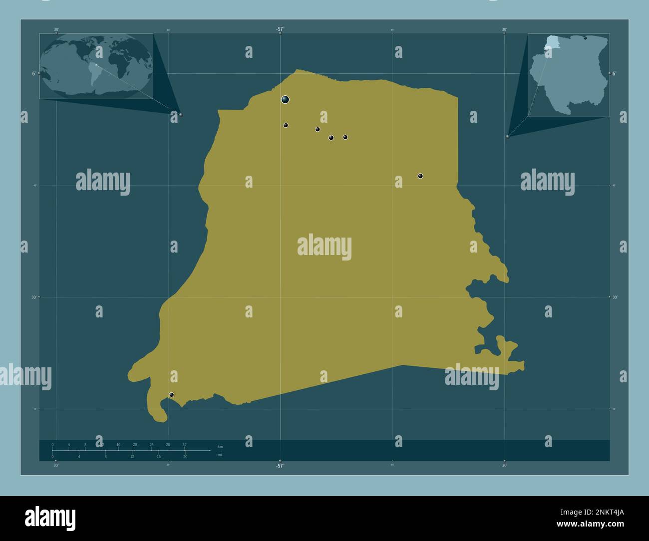 Nickerie, Bezirk Suriname. Durchgehende Farbform. Standorte der wichtigsten Städte der Region. Eckkarten für zusätzliche Standorte Stockfoto