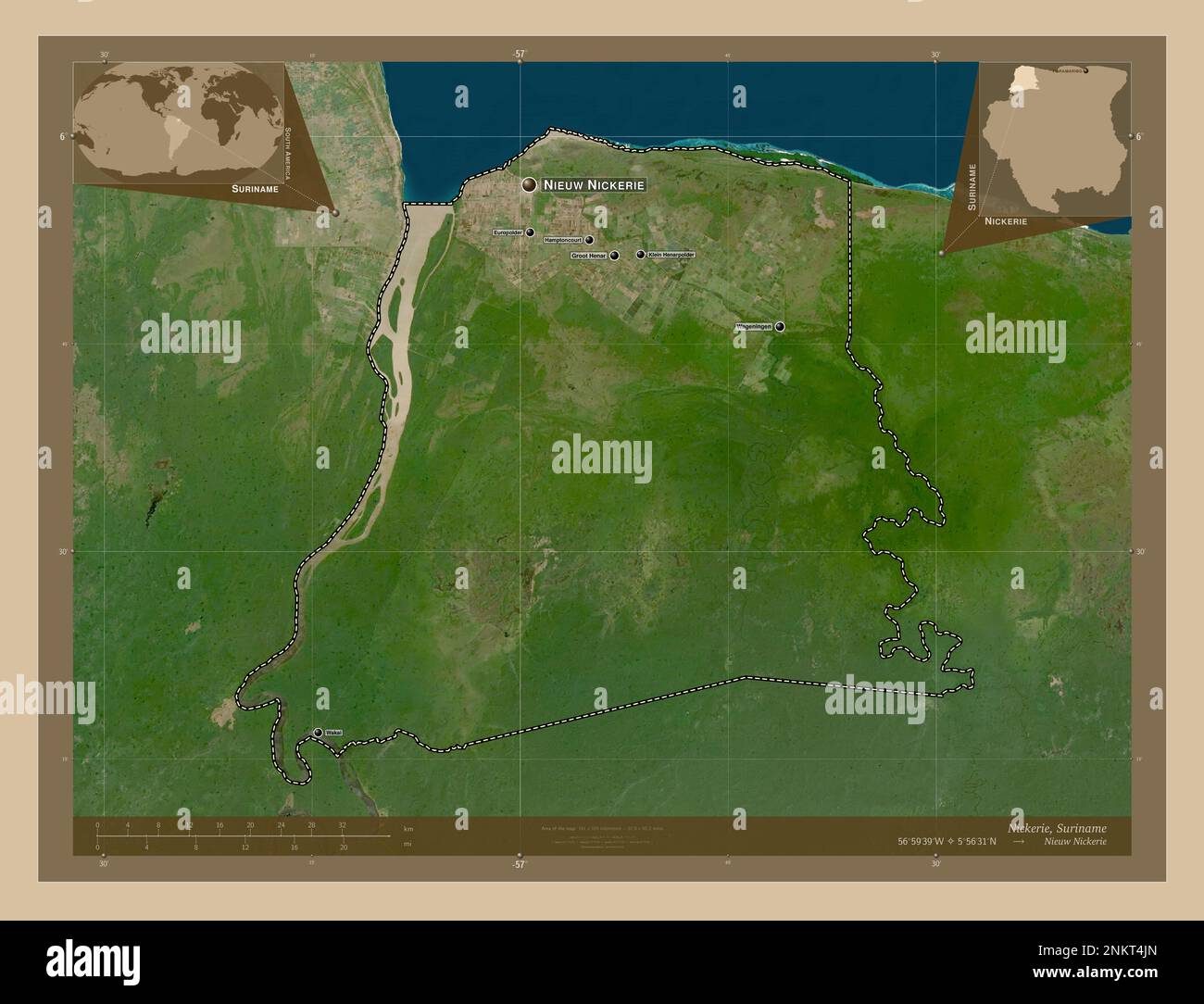 Nickerie, Bezirk Suriname. Satellitenkarte mit niedriger Auflösung. Standorte und Namen der wichtigsten Städte der Region. Eckkarten für zusätzliche Standorte Stockfoto