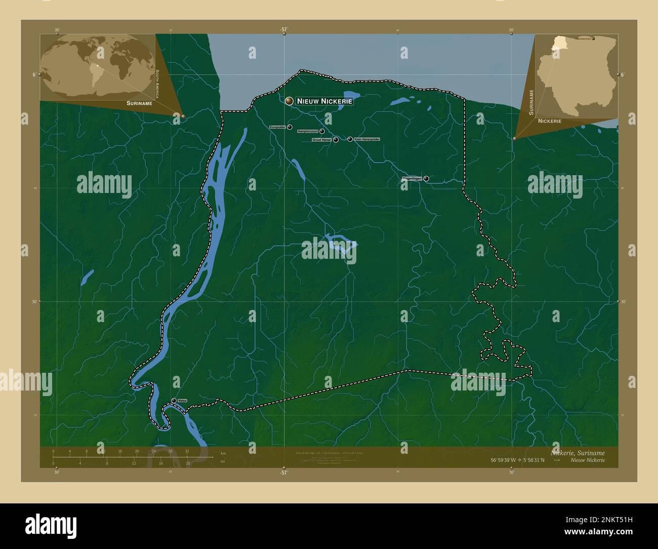 Nickerie, Bezirk Suriname. Farbige Höhenkarte mit Seen und Flüssen. Standorte und Namen der wichtigsten Städte der Region. Ecke Zusatzposition Stockfoto