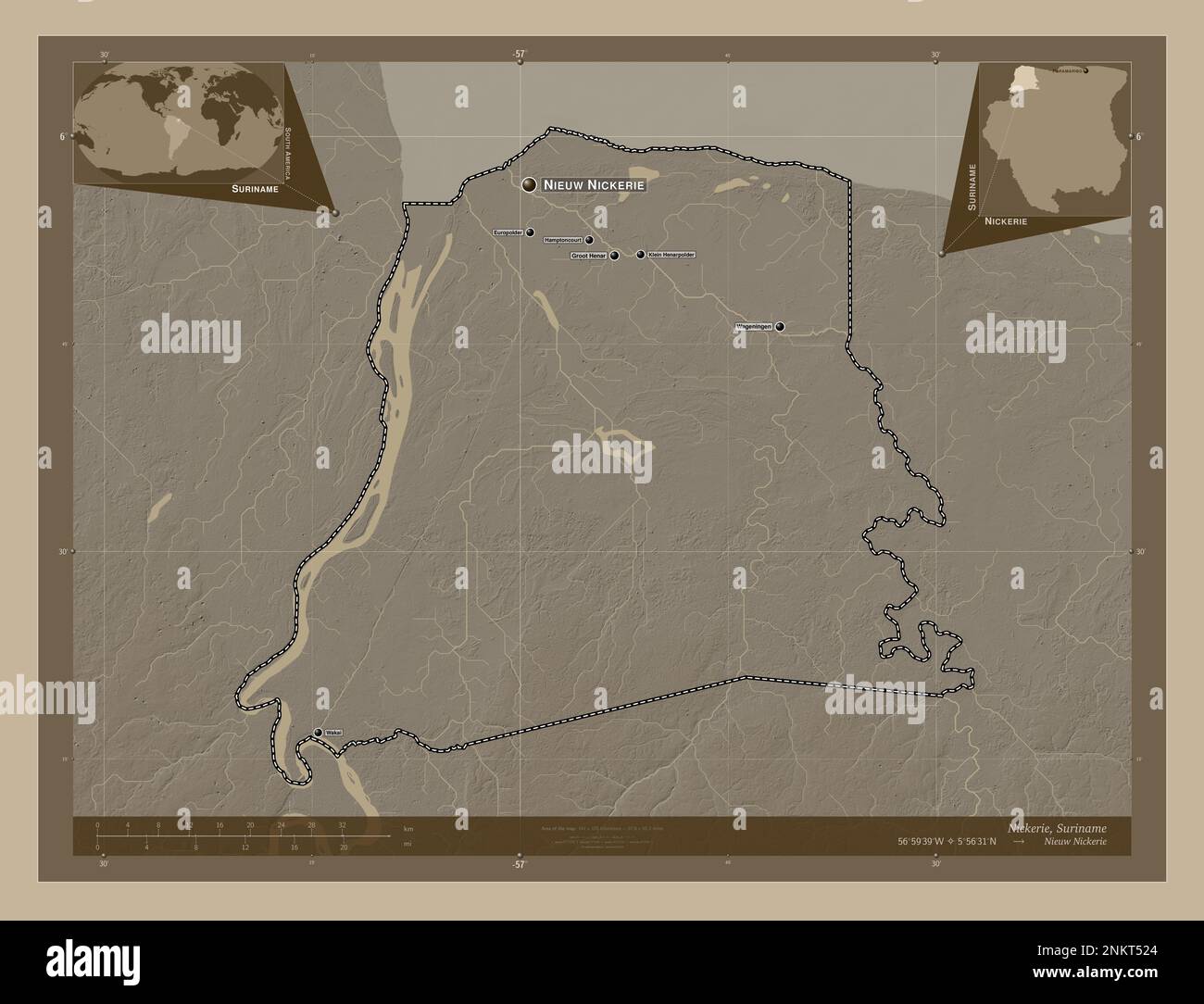 Nickerie, Bezirk Suriname. Höhenplan in Sepia-Tönen mit Seen und Flüssen. Standorte und Namen der wichtigsten Städte der Region. Ecke Stockfoto