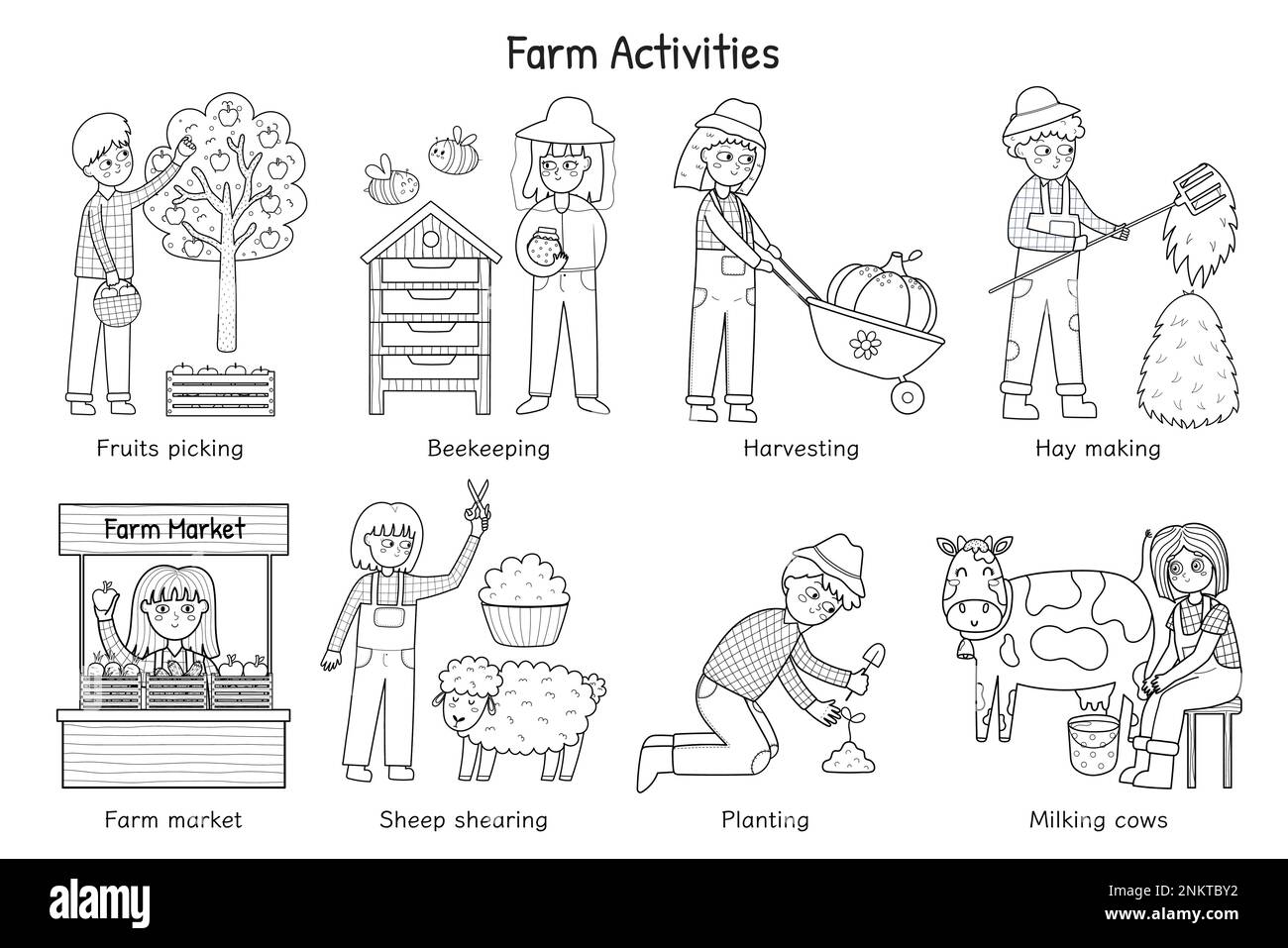 Farmerlebnisse in Schwarz und Weiß mit niedlichen Bauern für Kinder. Ausmalseite Stock Vektor