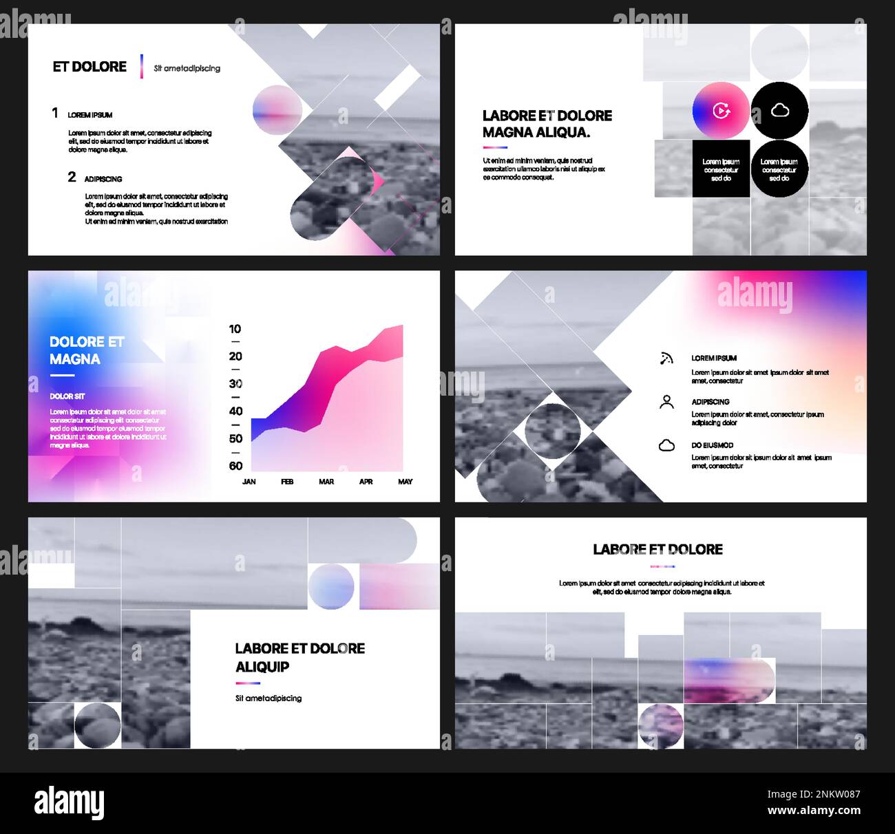 Präsentationsvorlage, Infografiken auf weißem Hintergrund. Vektorfolienvorlage für Präsentationen zu Unternehmensprojekten und Marketing. Stock Vektor