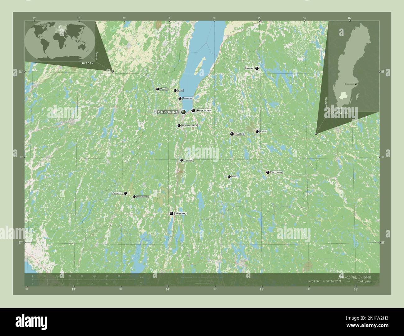 Jonkoping, schwedischer Bezirk. Straßenkarte Öffnen. Standorte und Namen der wichtigsten Städte der Region. Eckkarten für zusätzliche Standorte Stockfoto