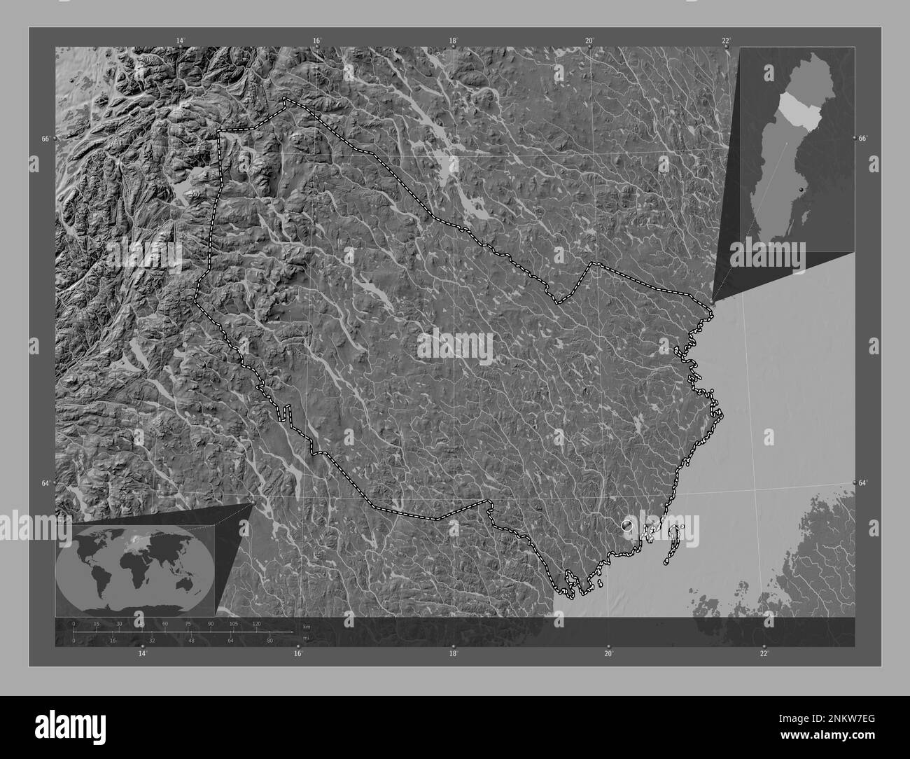 Vasterbotten, schwedischer Bezirk. Bilevel-Höhenkarte mit Seen und Flüssen. Eckkarten für zusätzliche Standorte Stockfoto